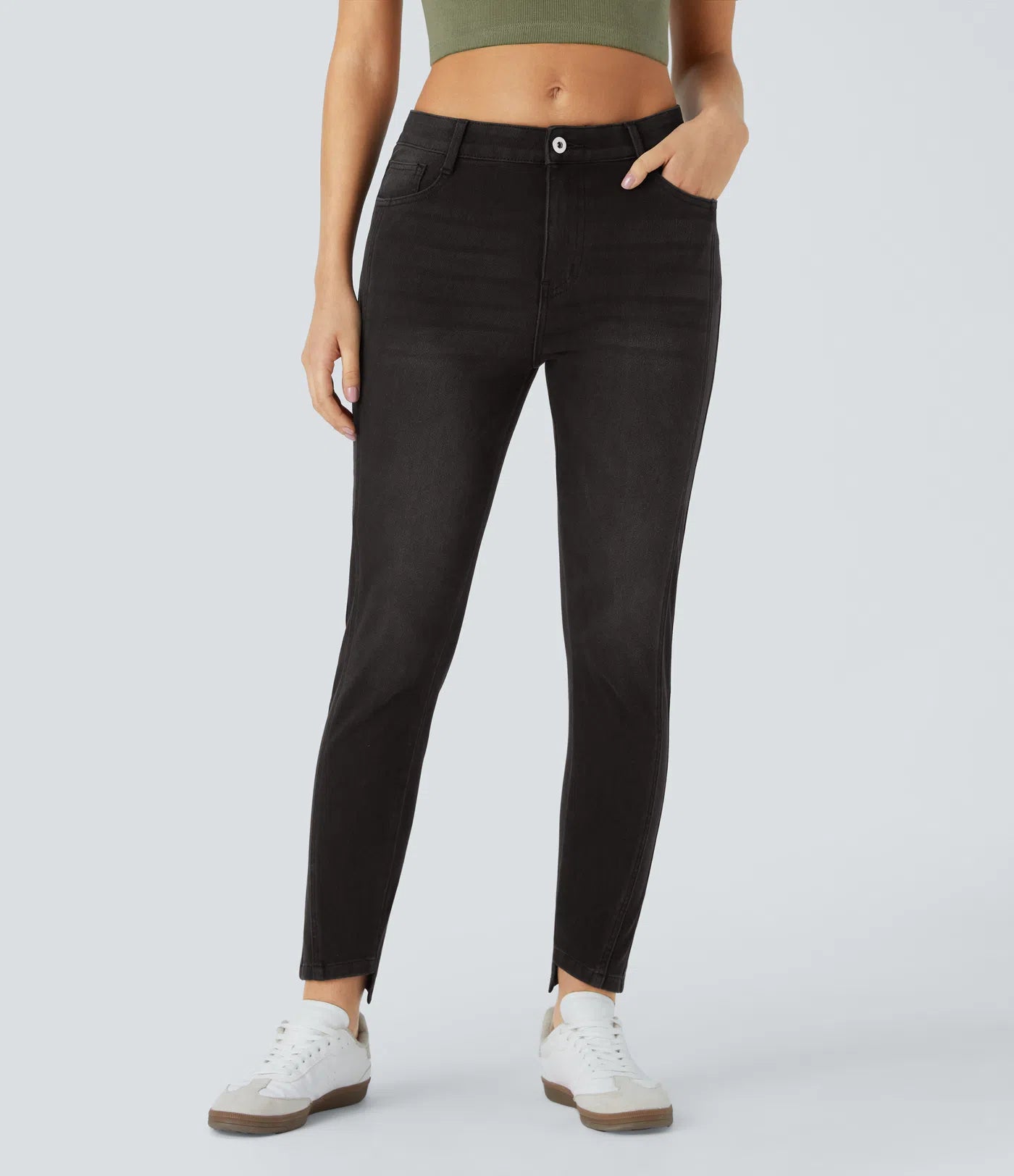 Mid Low Rise Button Zipper Multiple Pockets Stretchy Knit Casual Skinny Jeans - Deep Black Denim