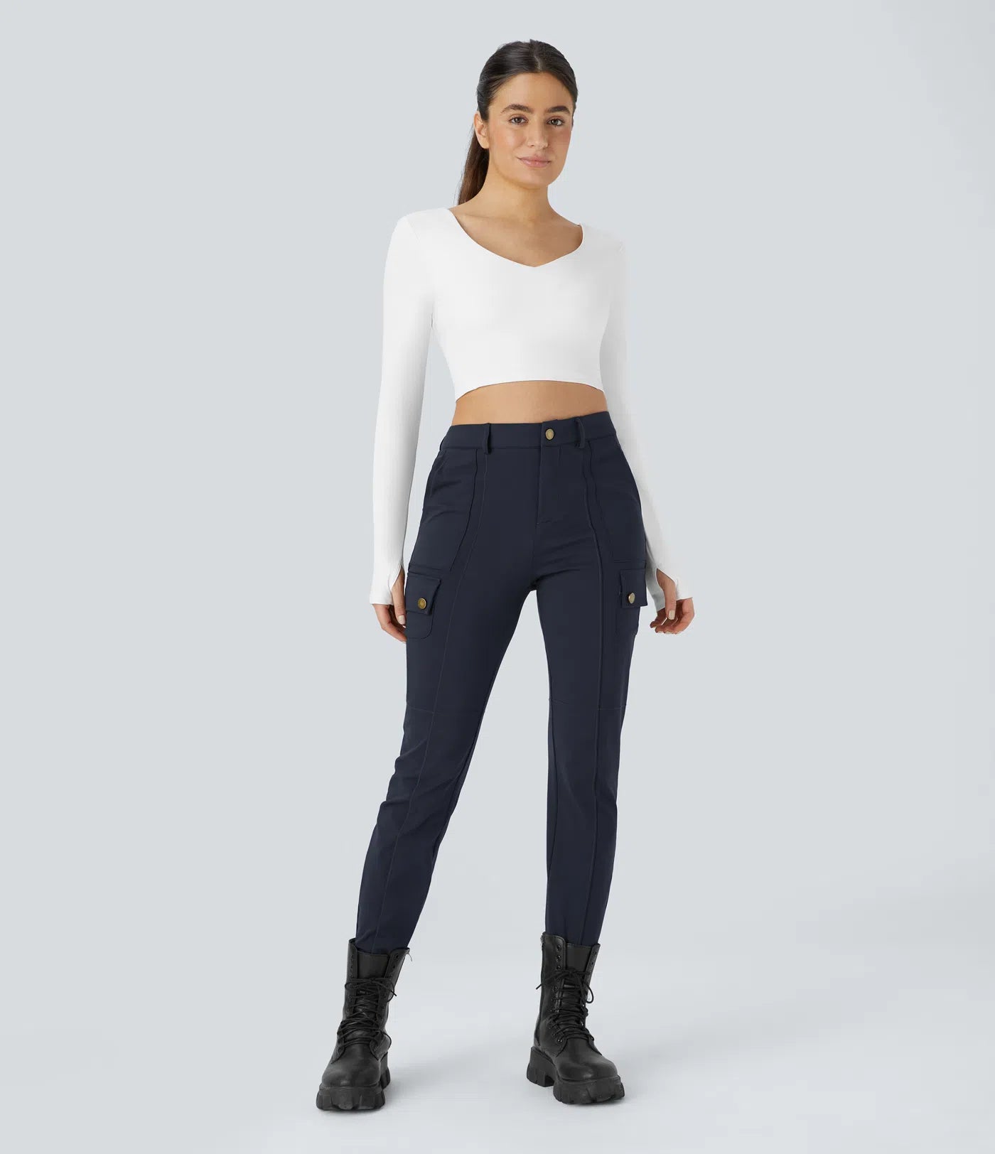 High Waisted Button Zipper Multiple Pockets Solid Skinny Cargo Pants - Navy
