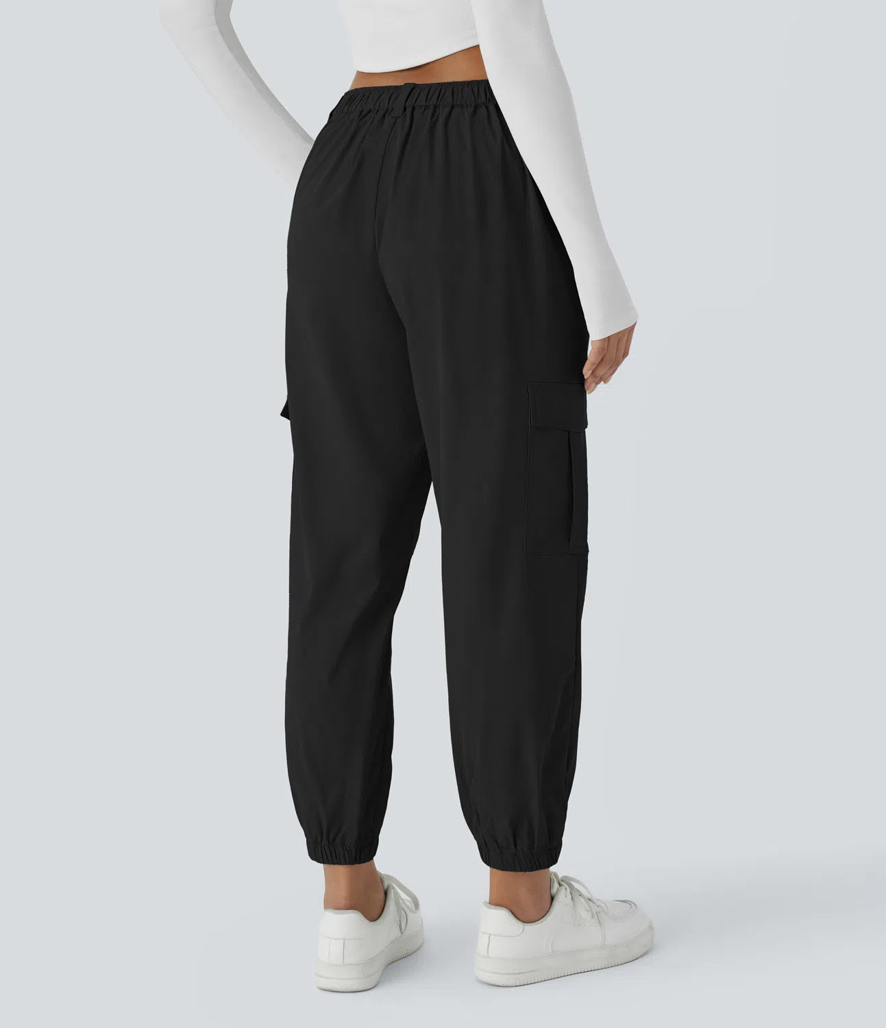 Mid Rise Button Zipper Multiple Pockets Casual Cargo Joggers - Black