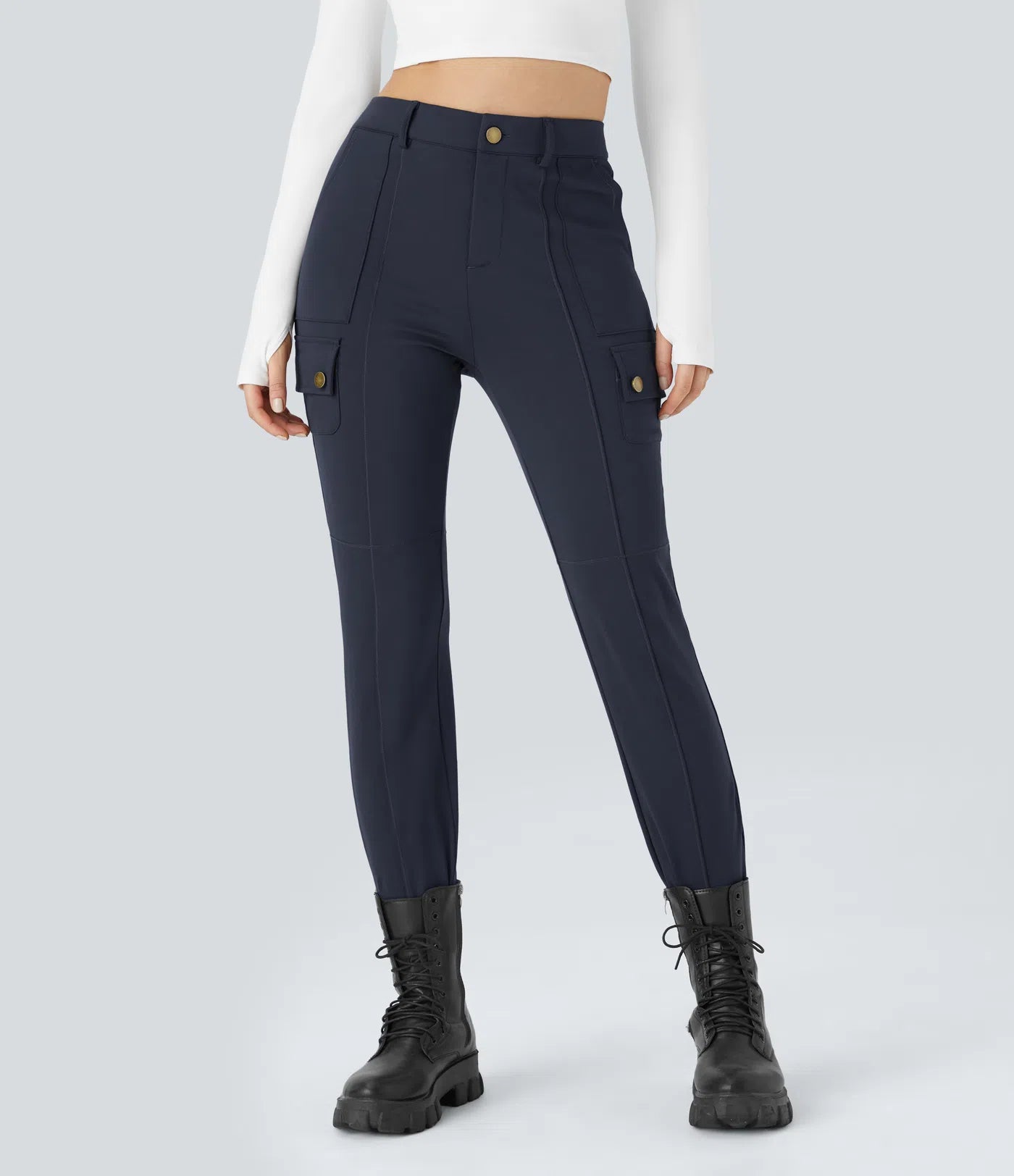 High Waisted Button Zipper Multiple Pockets Solid Skinny Cargo Pants - Navy