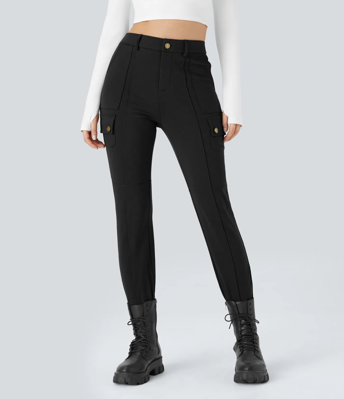 High Waisted Button Zipper Multiple Pockets Solid Skinny Cargo Pants - Black