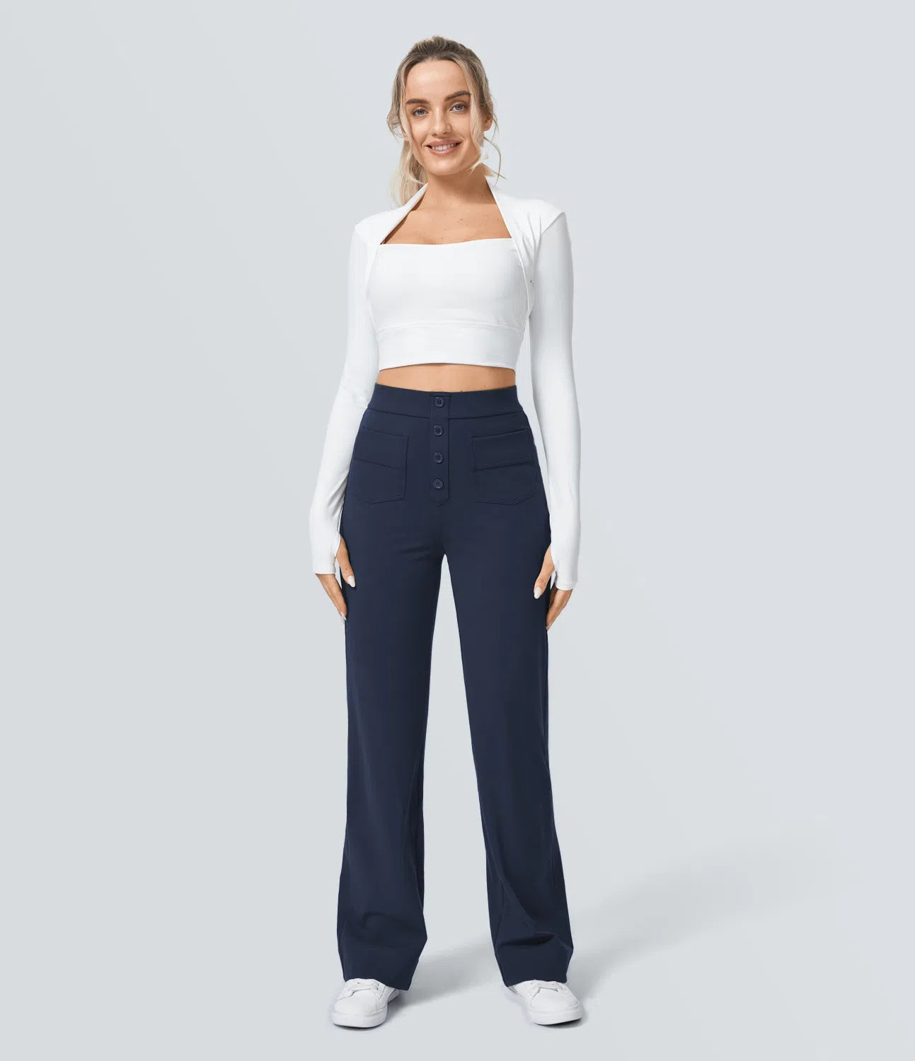 High Waisted Button Multiple Pockets Straight Leg Casual Pants - Navy