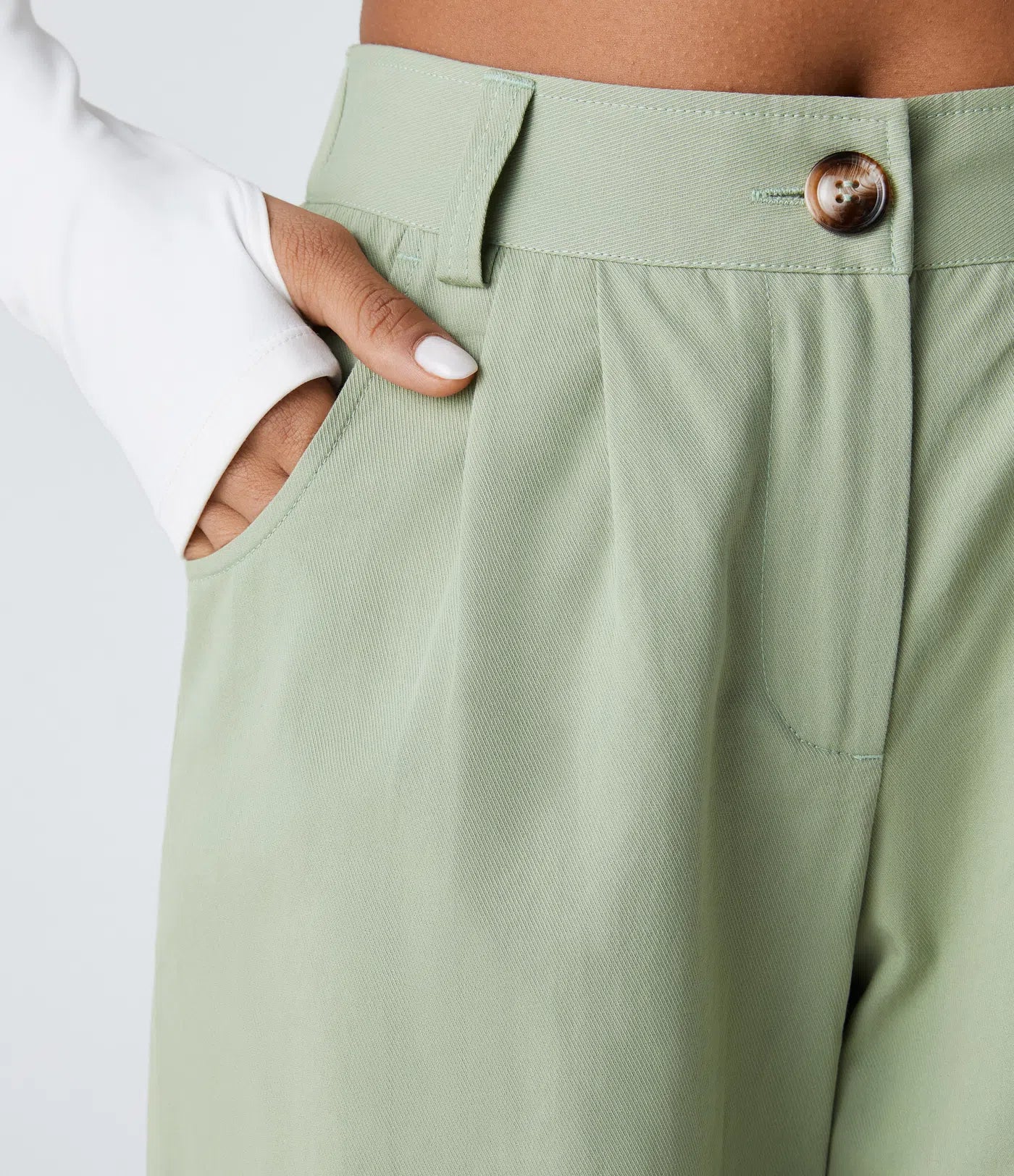 Mid Rise Button Zipper Women Casual Pants - Green