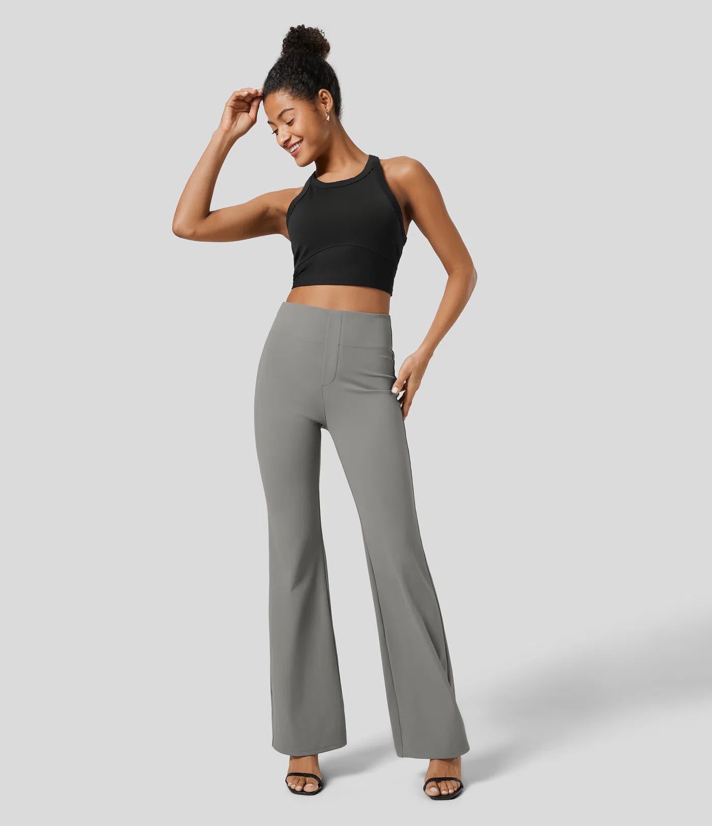 High Waisted Back Pocket Flare Work Pants - Gray