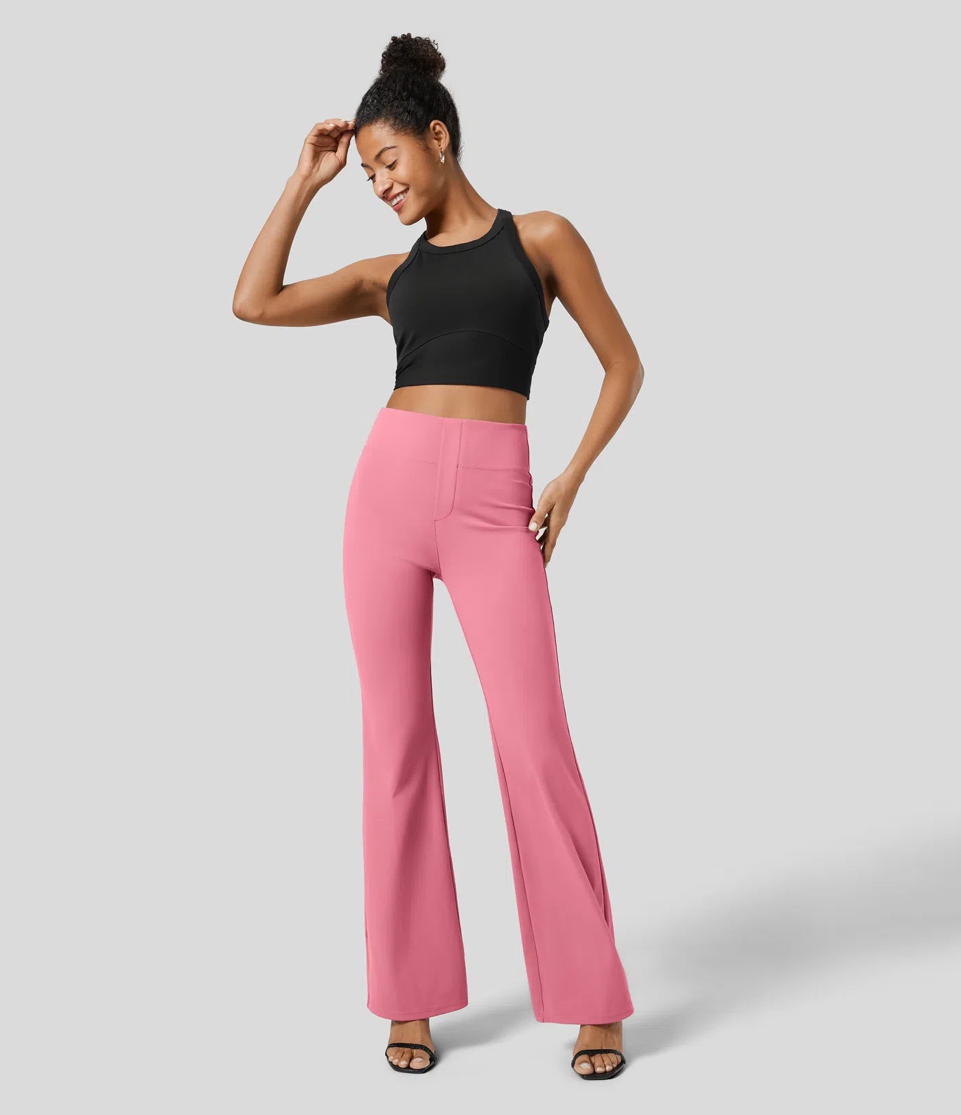 High Waisted Back Pocket Flare Work Pants - Pink