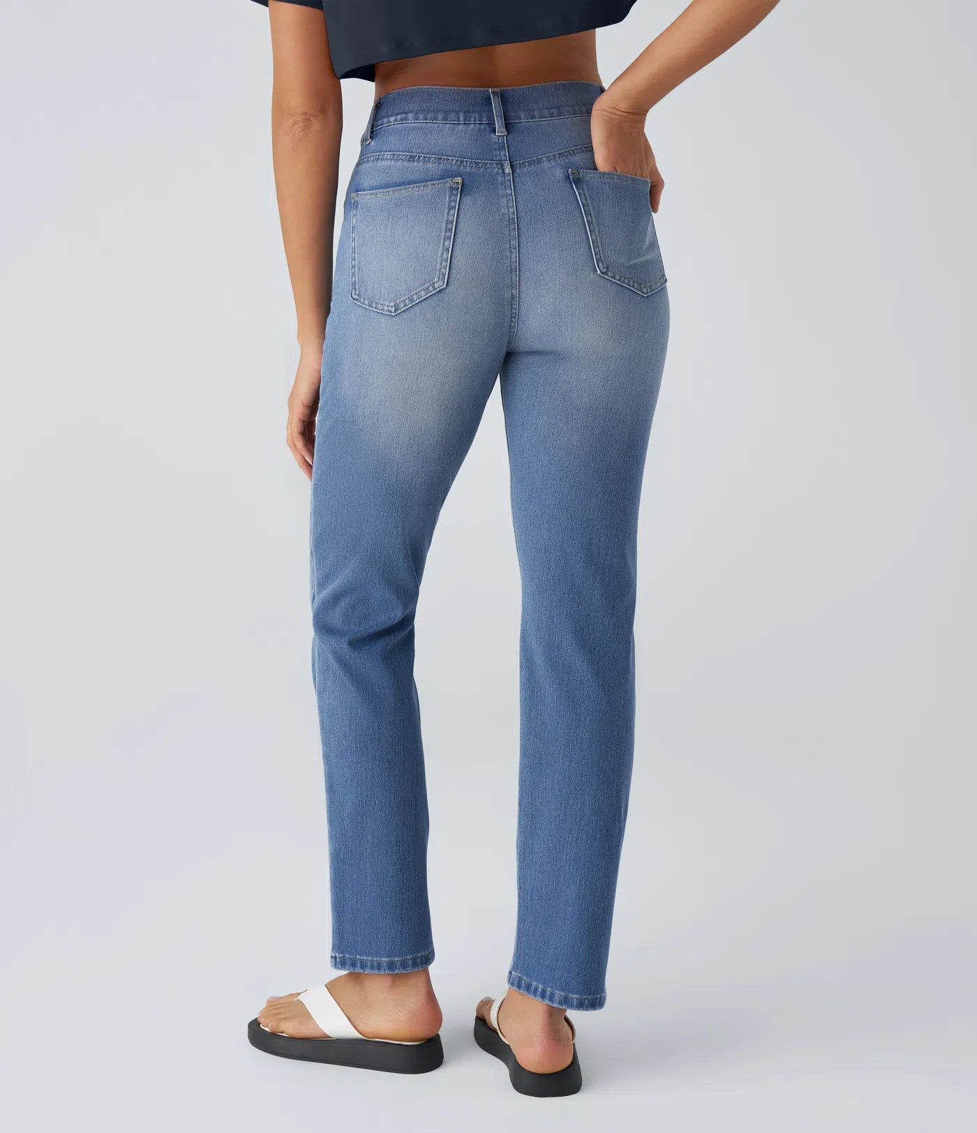 High Waisted Straight Stretchy Knit Casual Jeans - Sea Blue Denim