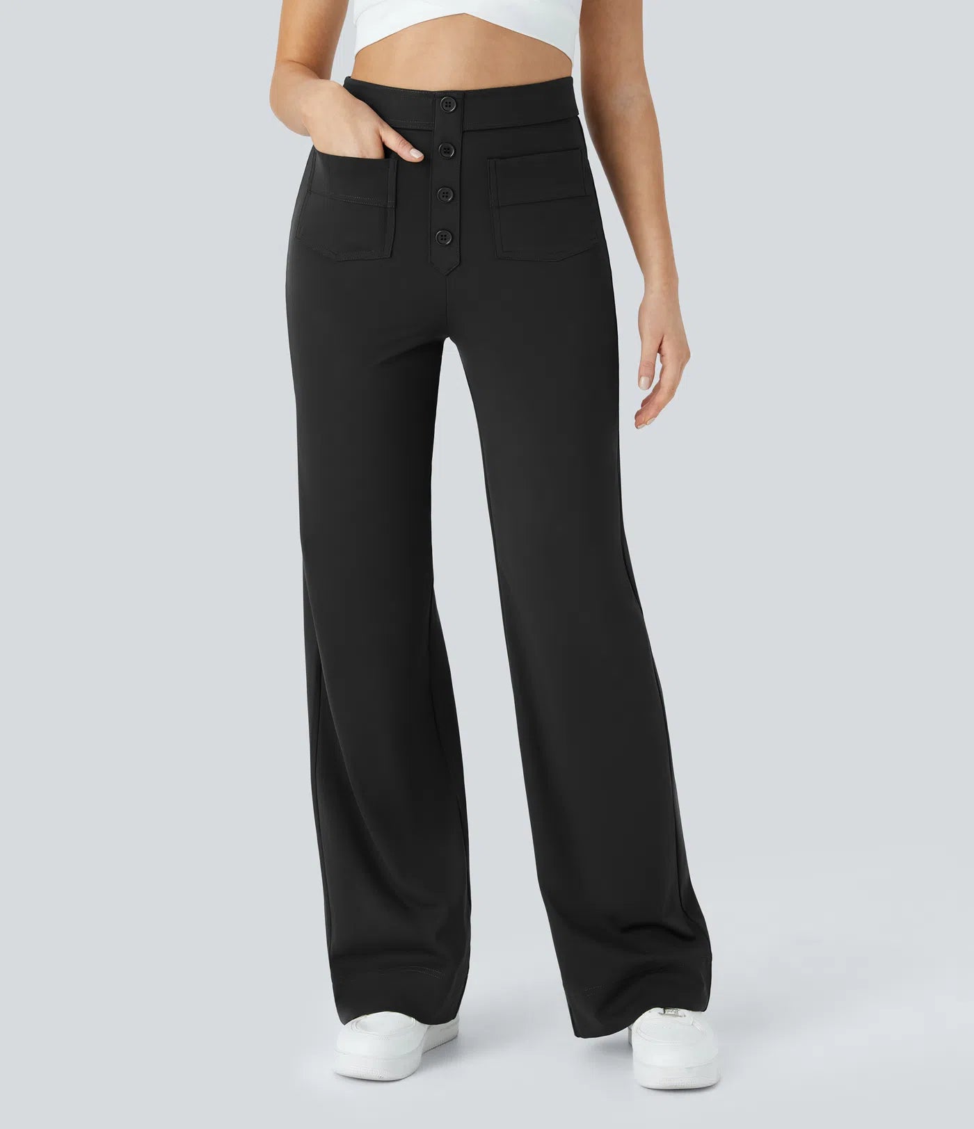 High Waisted Button Multiple Pockets Straight Leg Casual Pants - Black