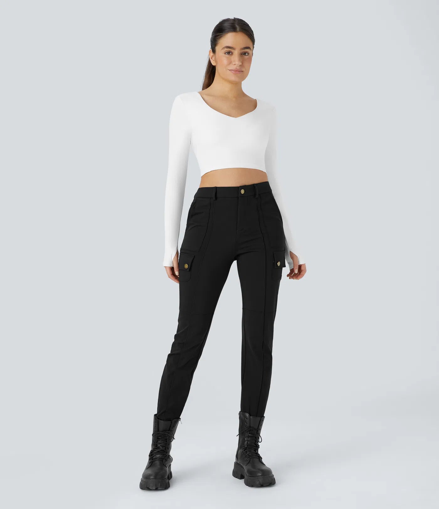 High Waisted Button Zipper Multiple Pockets Solid Skinny Cargo Pants - Black