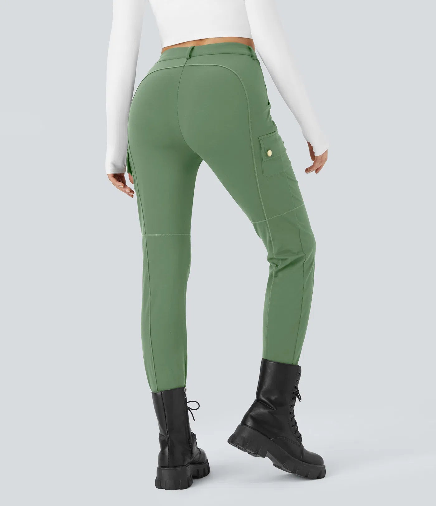 High Waisted Button Zipper Multiple Pockets Solid Skinny Cargo Pants - Green