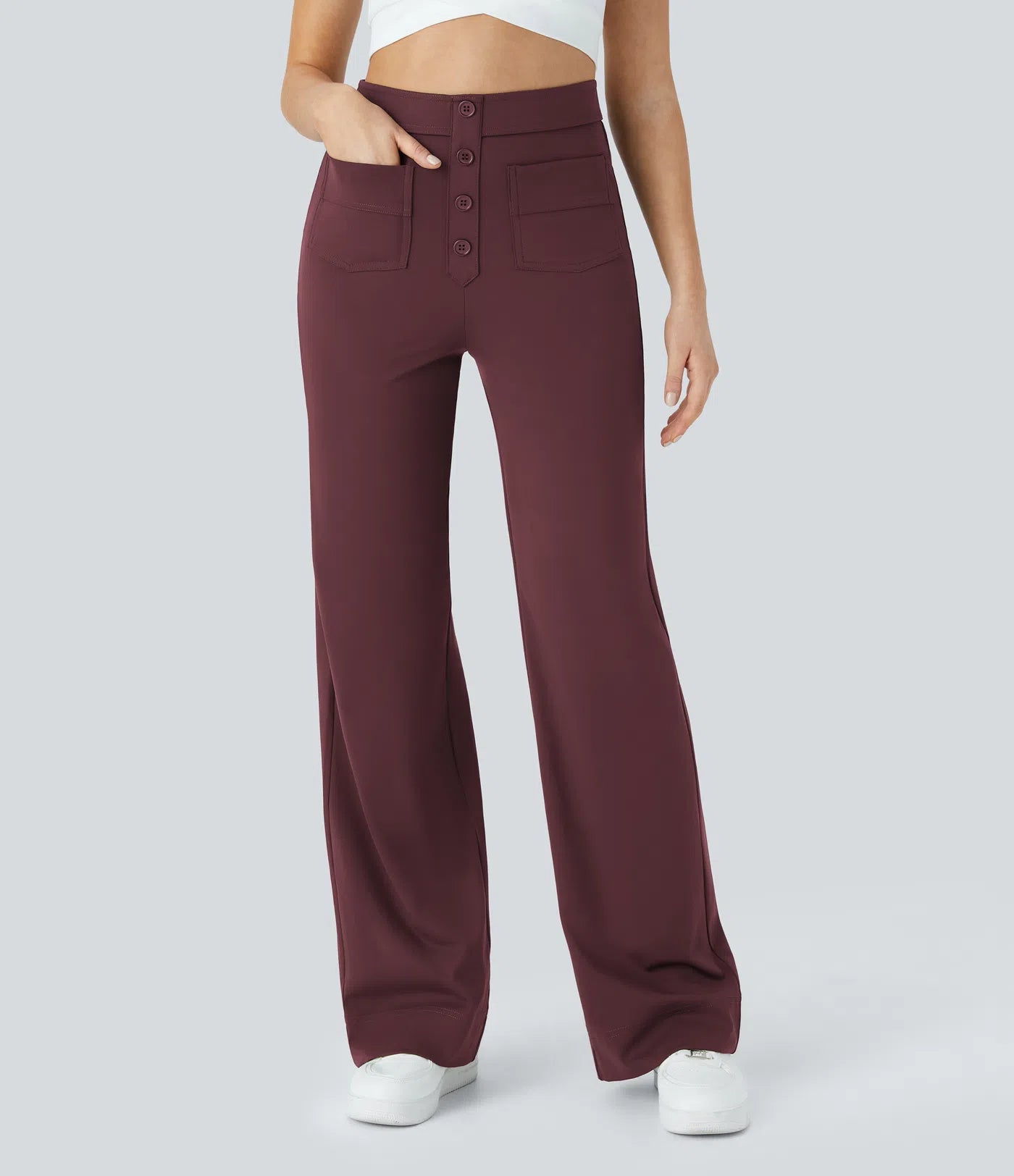 High Waisted Button Multiple Pockets Straight Leg Casual Pants - Wine