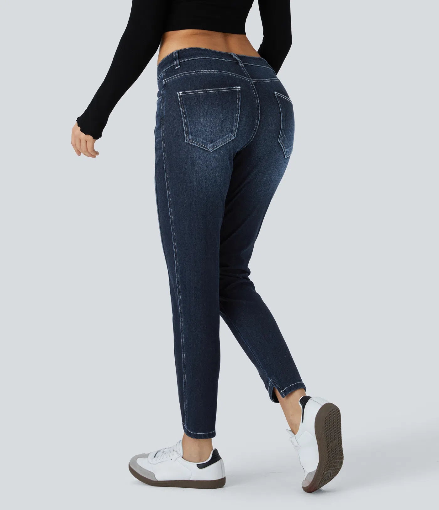 Mid Low Rise Button Zipper Multiple Pockets Stretchy Knit Casual Skinny Jeans - Paint Blue Denim