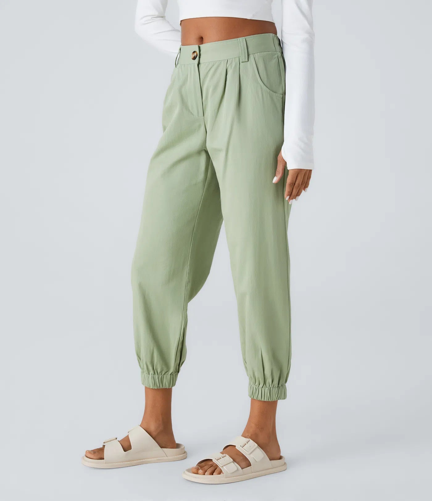 Mid Rise Button Zipper Women Casual Pants - Green