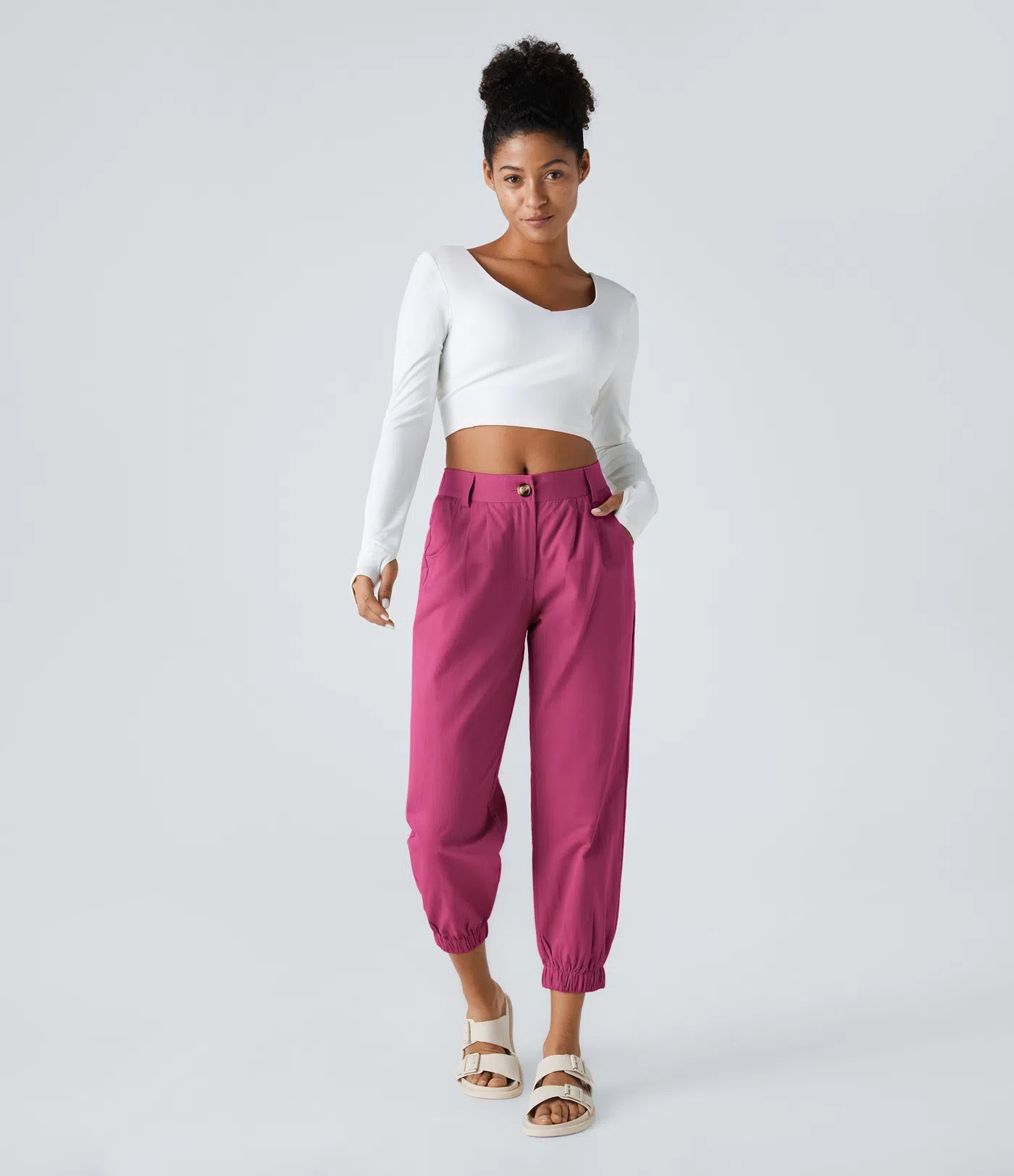 Mid Rise Button Zipper Women Casual Pants - Pink