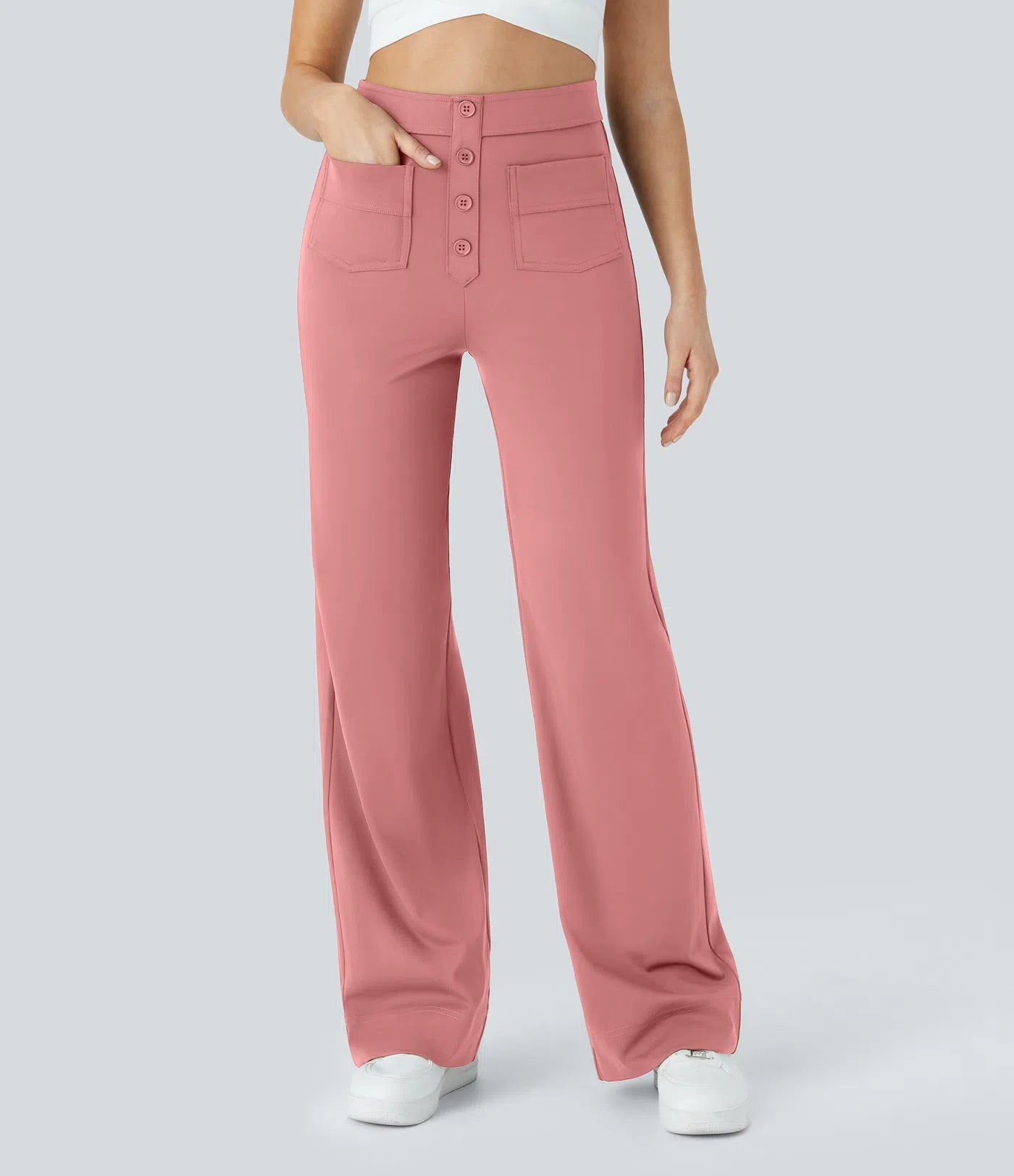 High Waisted Button Multiple Pockets Straight Leg Casual Pants - Pink