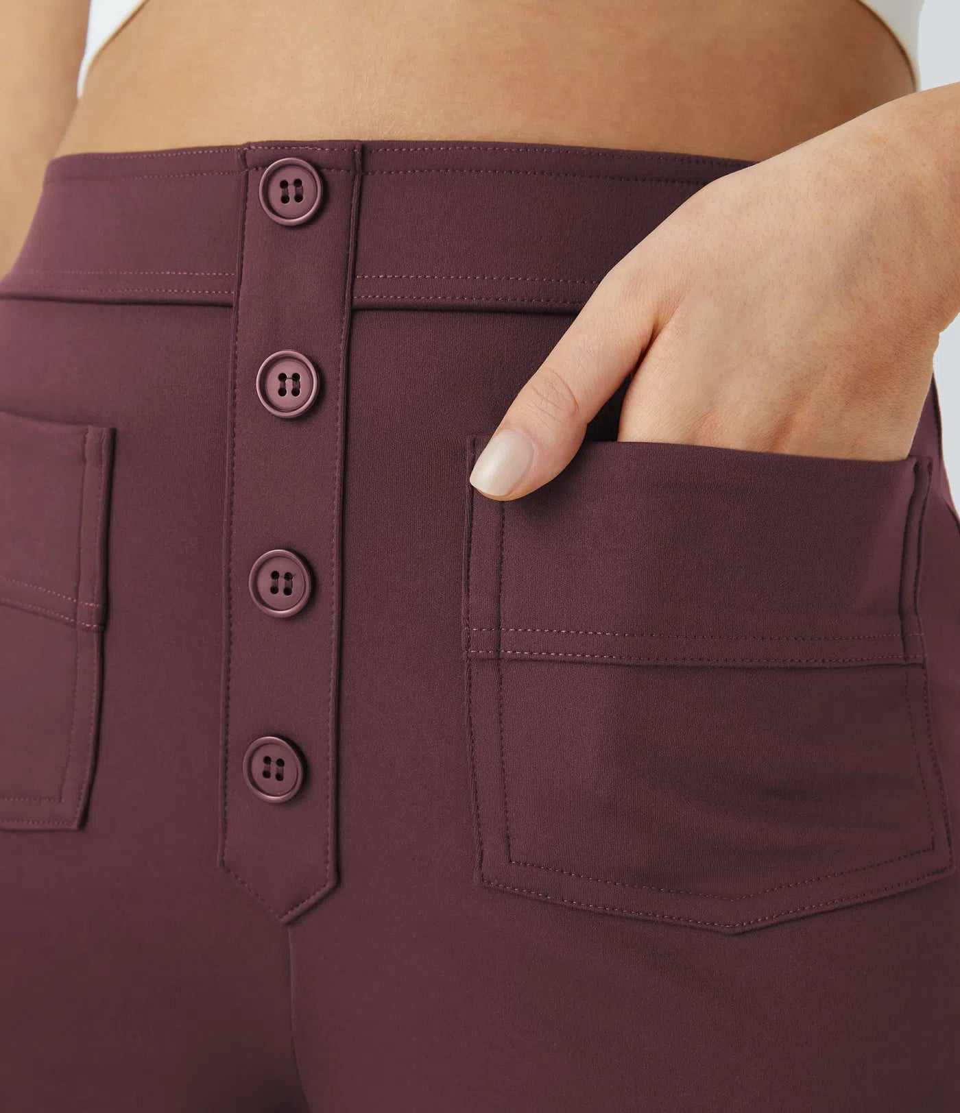 High Waisted Button Multiple Pockets Straight Leg Casual Pants - Wine