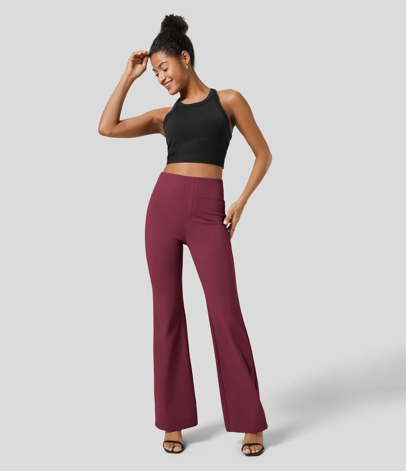 High Waisted Back Pocket Flare Work Pants - Wine