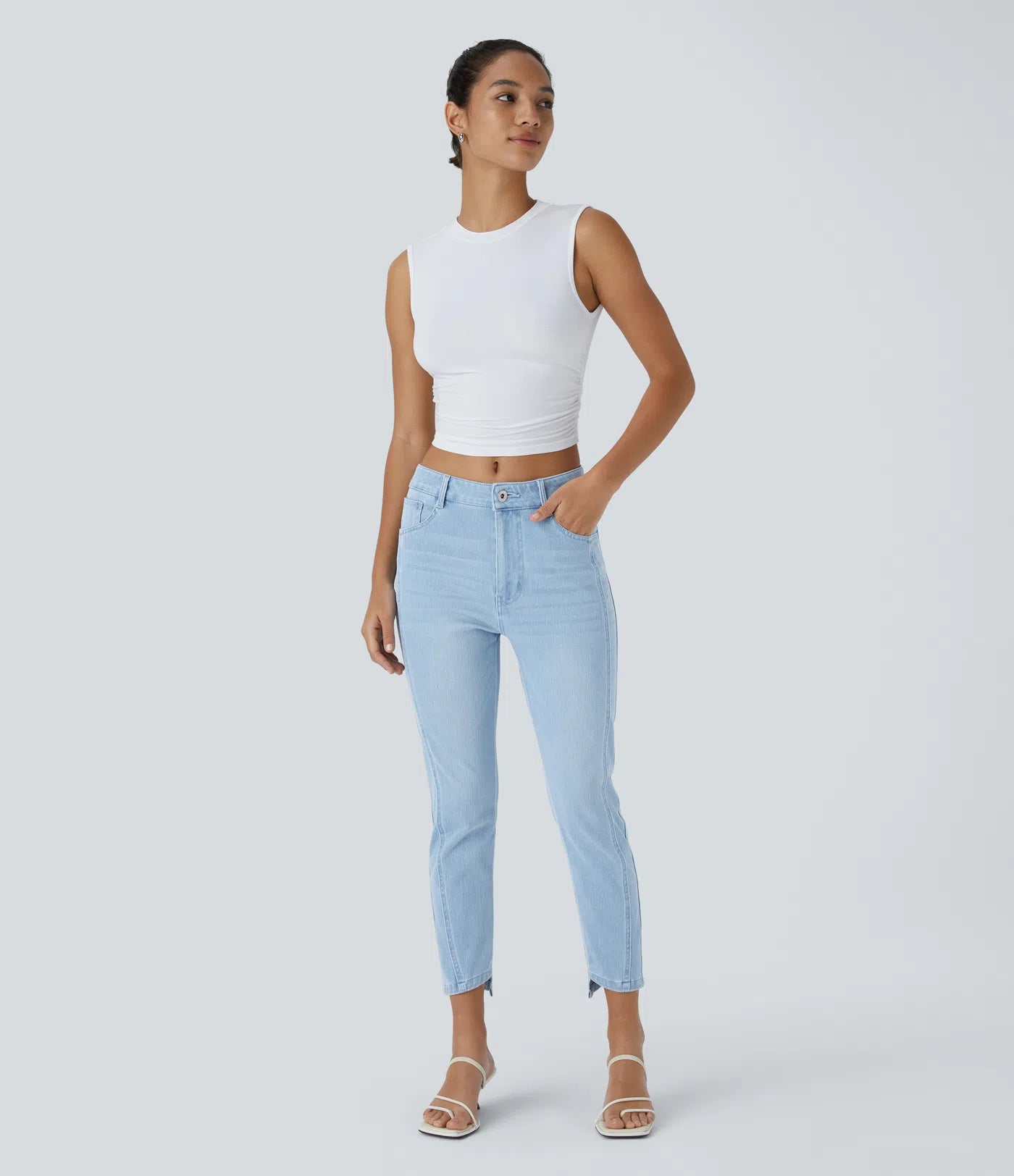 Mid Low Rise Button Zipper Multiple Pockets Stretchy Knit Casual Skinny Jeans - Light Azure Denim