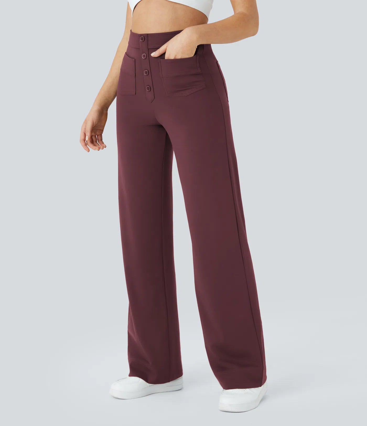 High Waisted Button Multiple Pockets Straight Leg Casual Pants - Wine