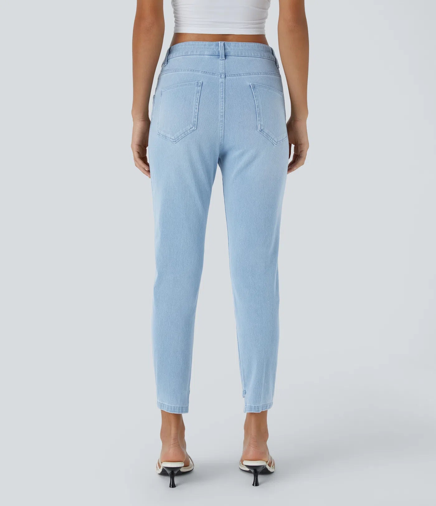 Mid Low Rise Button Zipper Multiple Pockets Stretchy Knit Casual Skinny Jeans - Light Azure Denim