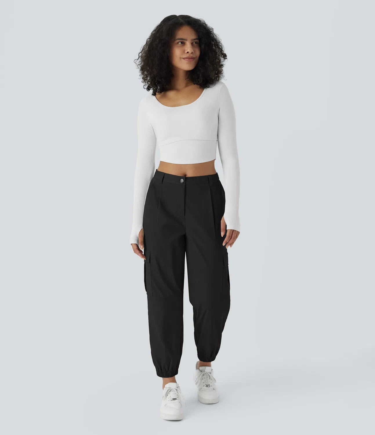 Mid Rise Button Zipper Multiple Pockets Casual Cargo Joggers - Black
