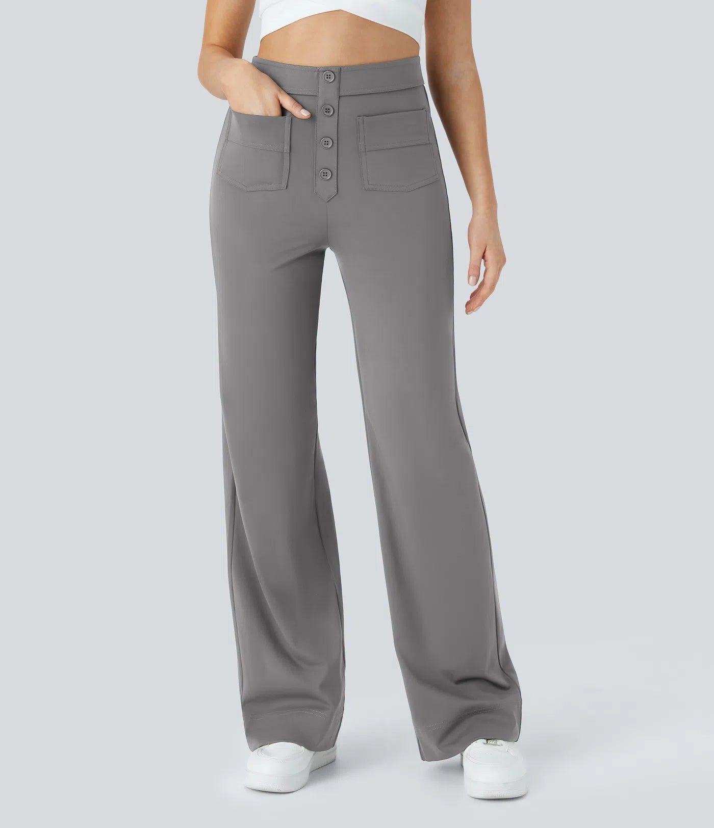 High Waisted Button Multiple Pockets Straight Leg Casual Pants - Gray