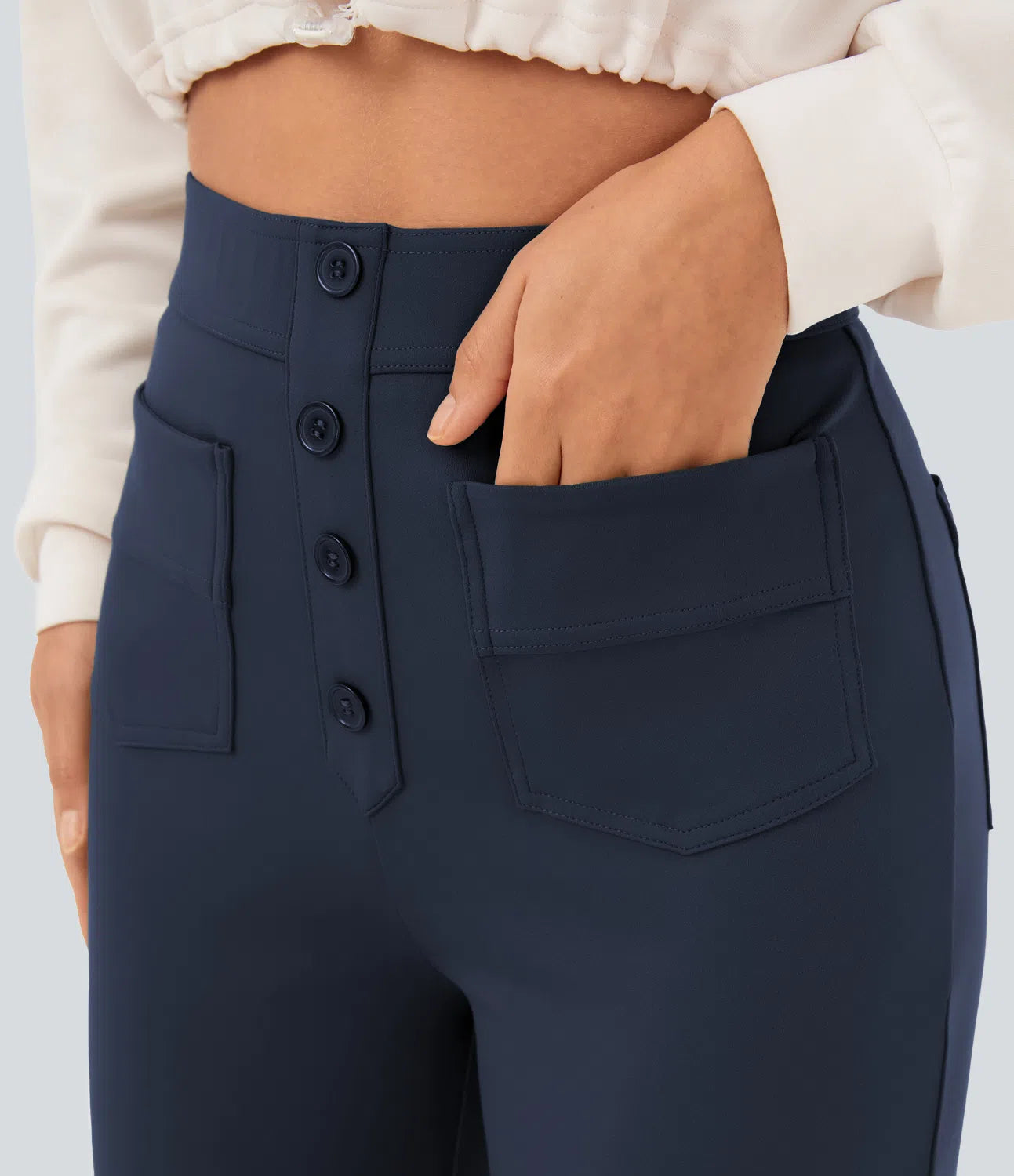High Waisted Button Multiple Pockets Straight Leg Casual Pants - Navy