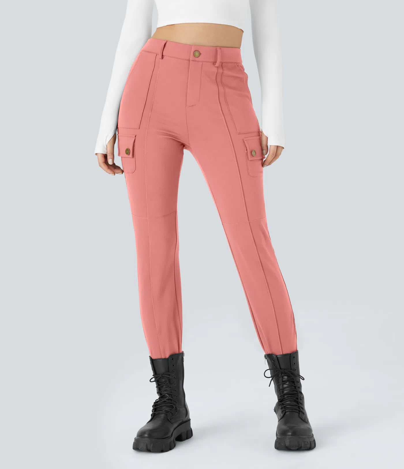 High Waisted Button Zipper Multiple Pockets Solid Skinny Cargo Pants - Pink