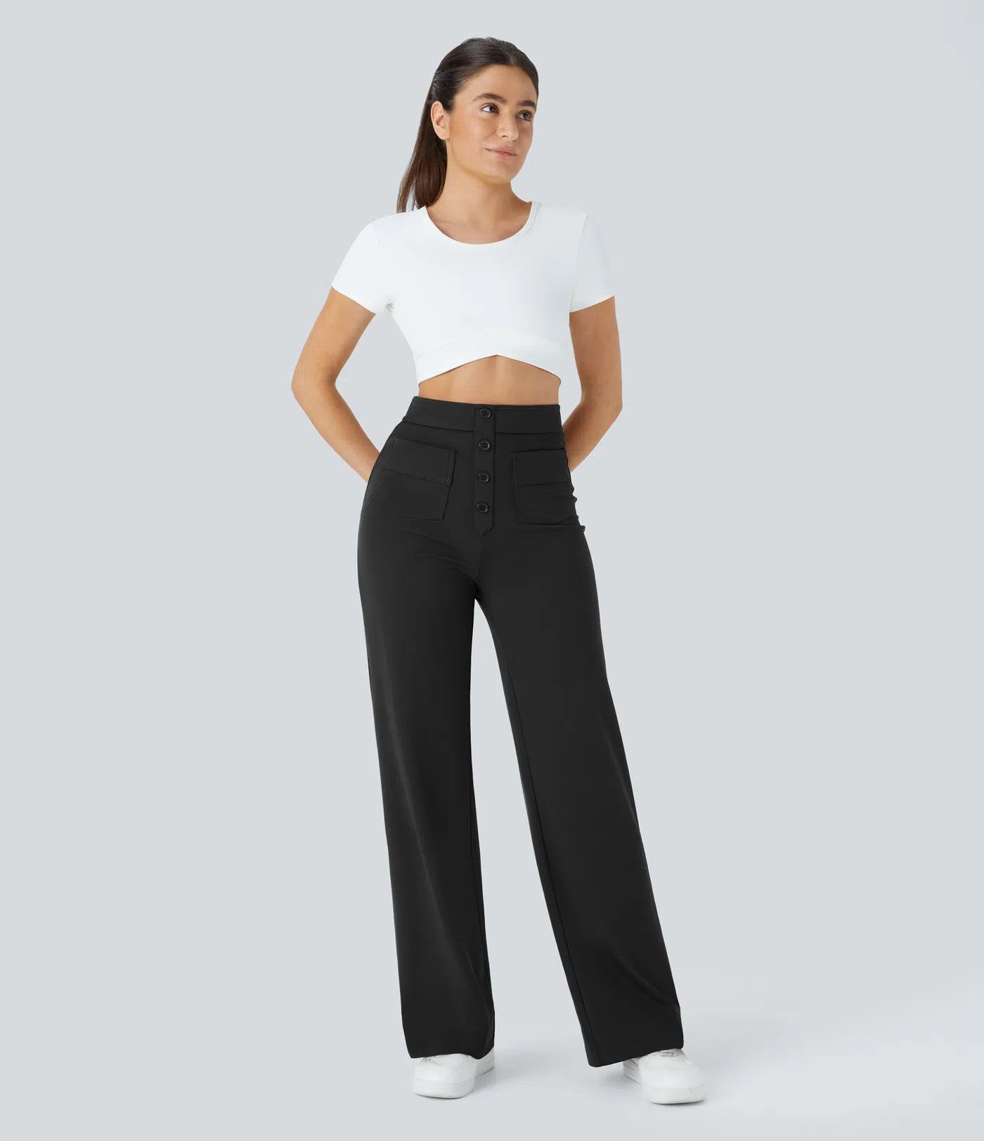 High Waisted Button Multiple Pockets Straight Leg Casual Pants - Black