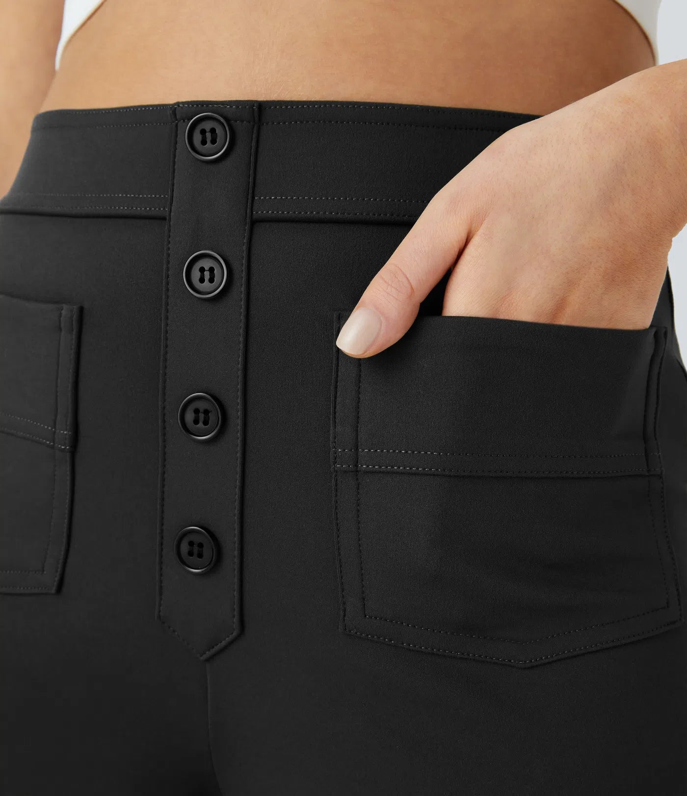High Waisted Button Multiple Pockets Straight Leg Casual Pants - Black