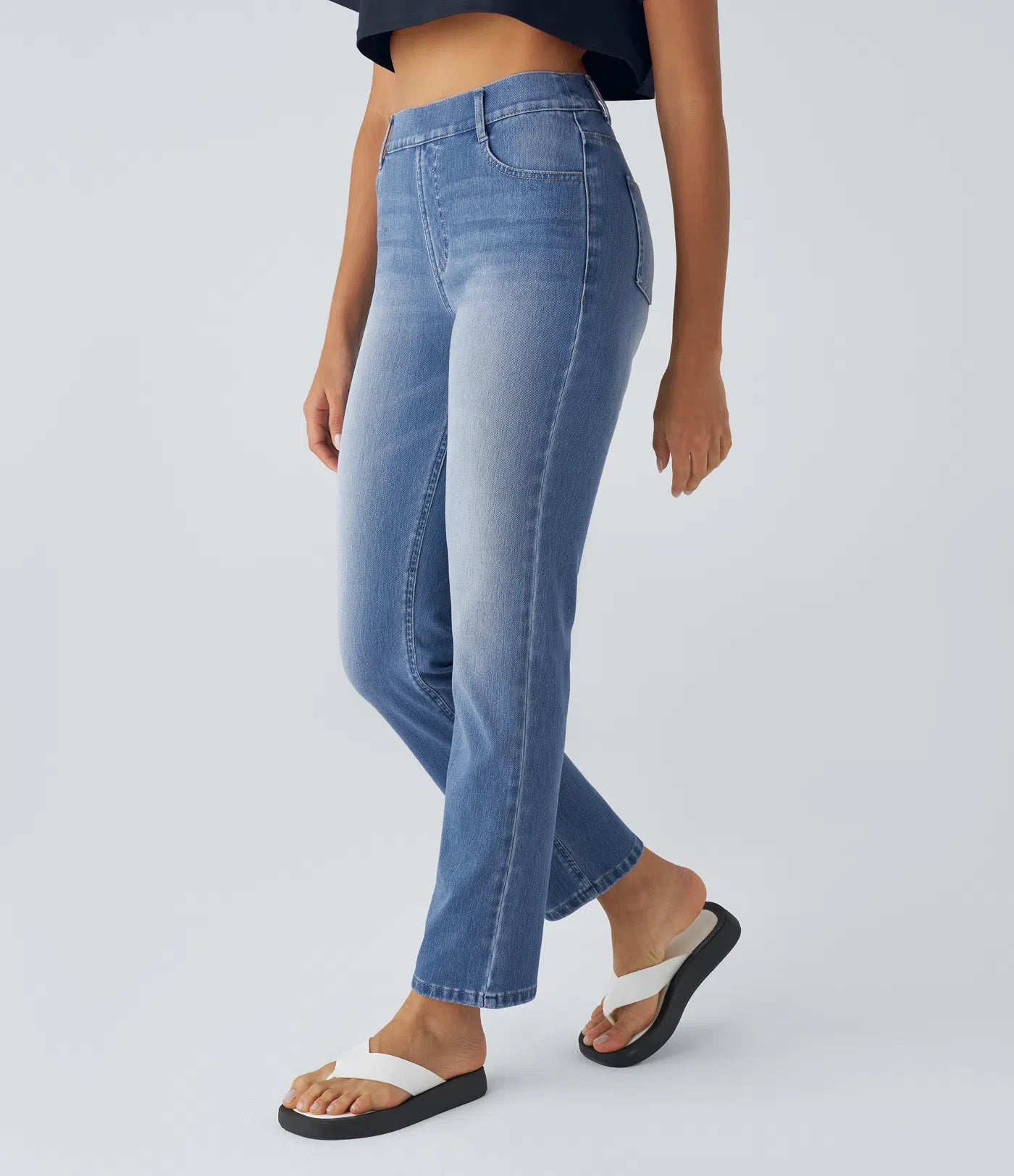 High Waisted Straight Stretchy Knit Casual Jeans - Sea Blue Denim