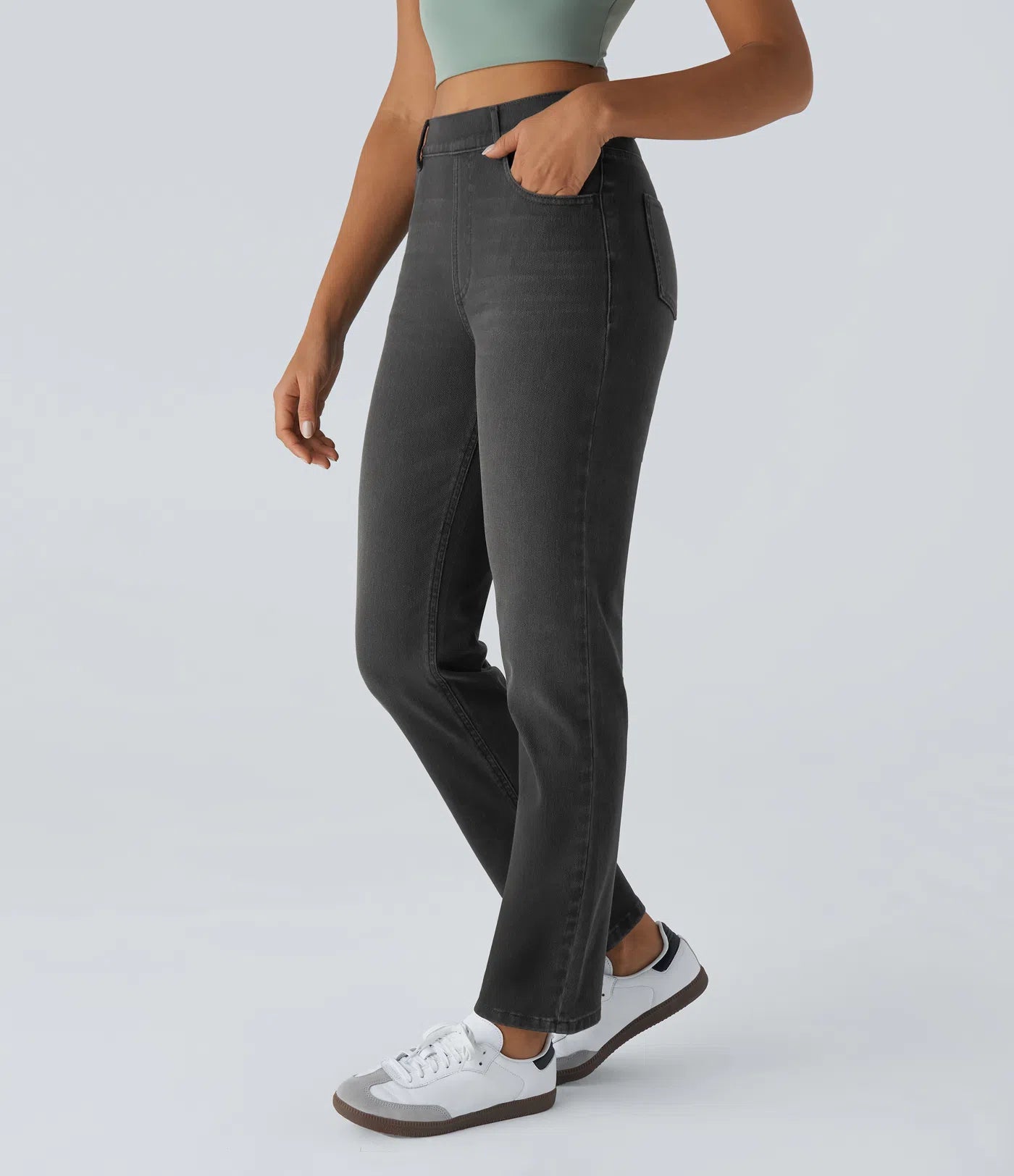 High Waisted Straight Stretchy Knit Casual Jeans - Deep Black Denim