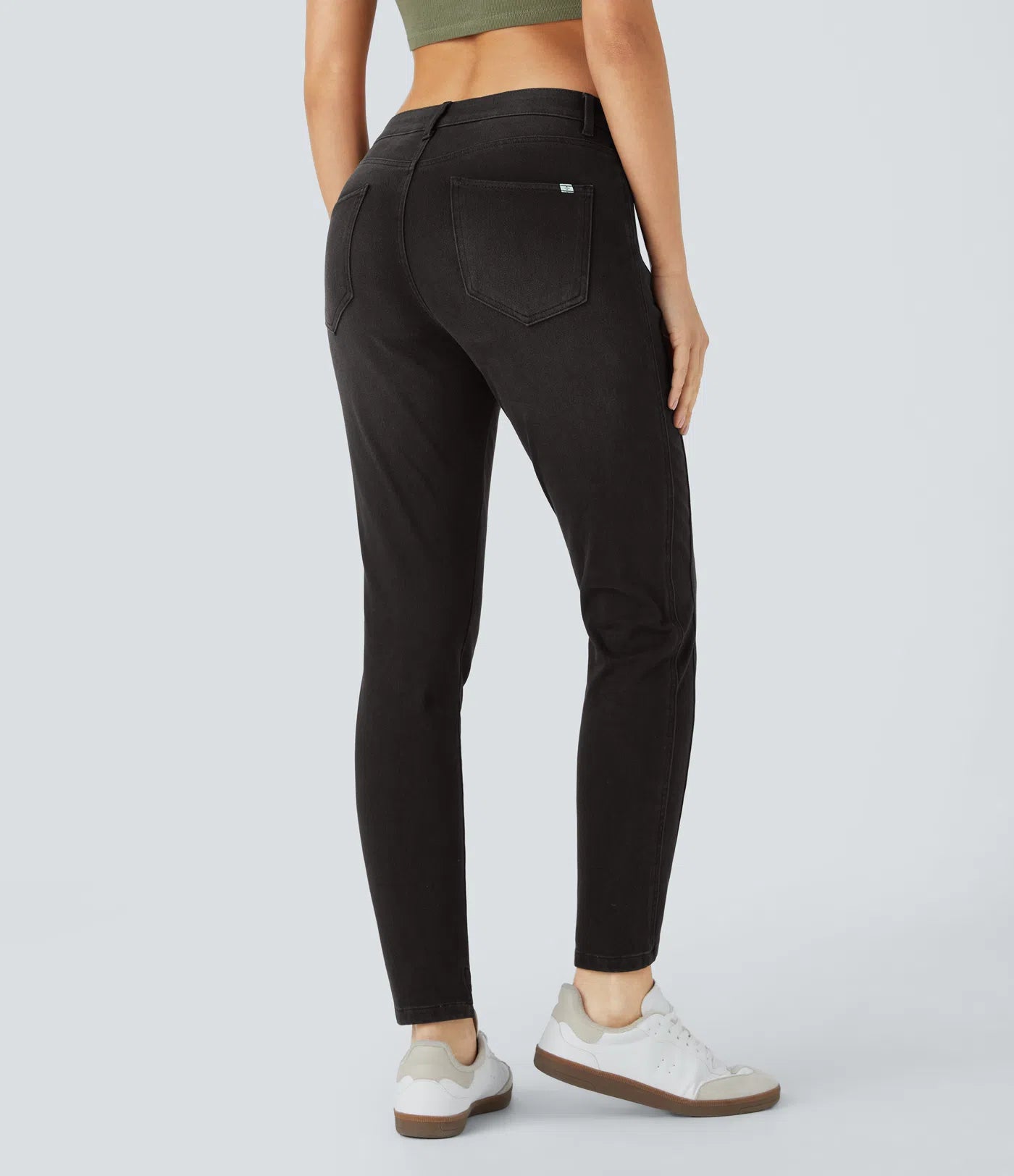 Mid Low Rise Button Zipper Multiple Pockets Stretchy Knit Casual Skinny Jeans - Deep Black Denim