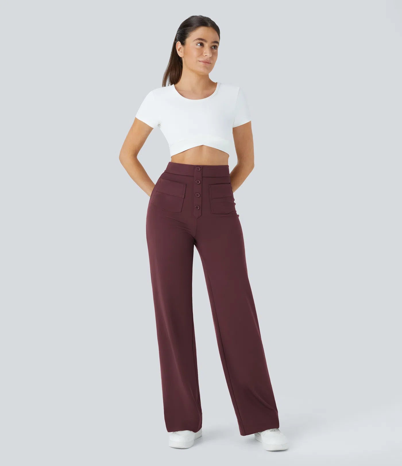 High Waisted Button Multiple Pockets Straight Leg Casual Pants - Wine