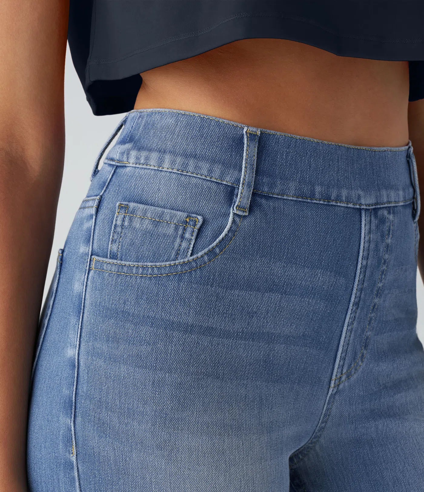 High Waisted Straight Stretchy Knit Casual Jeans - Sea Blue Denim