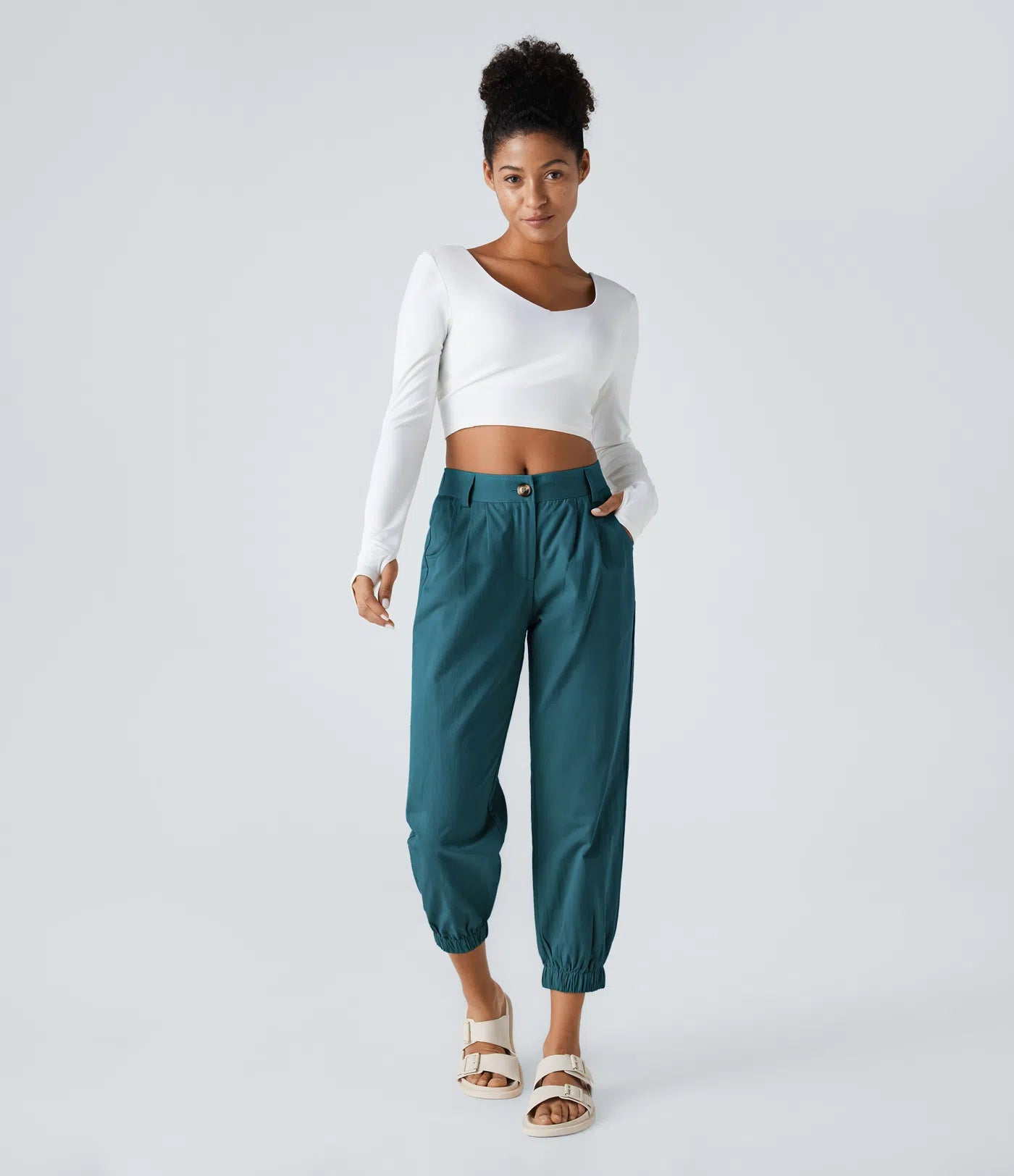Mid Rise Button Zipper Women Casual Pants - Dark Green