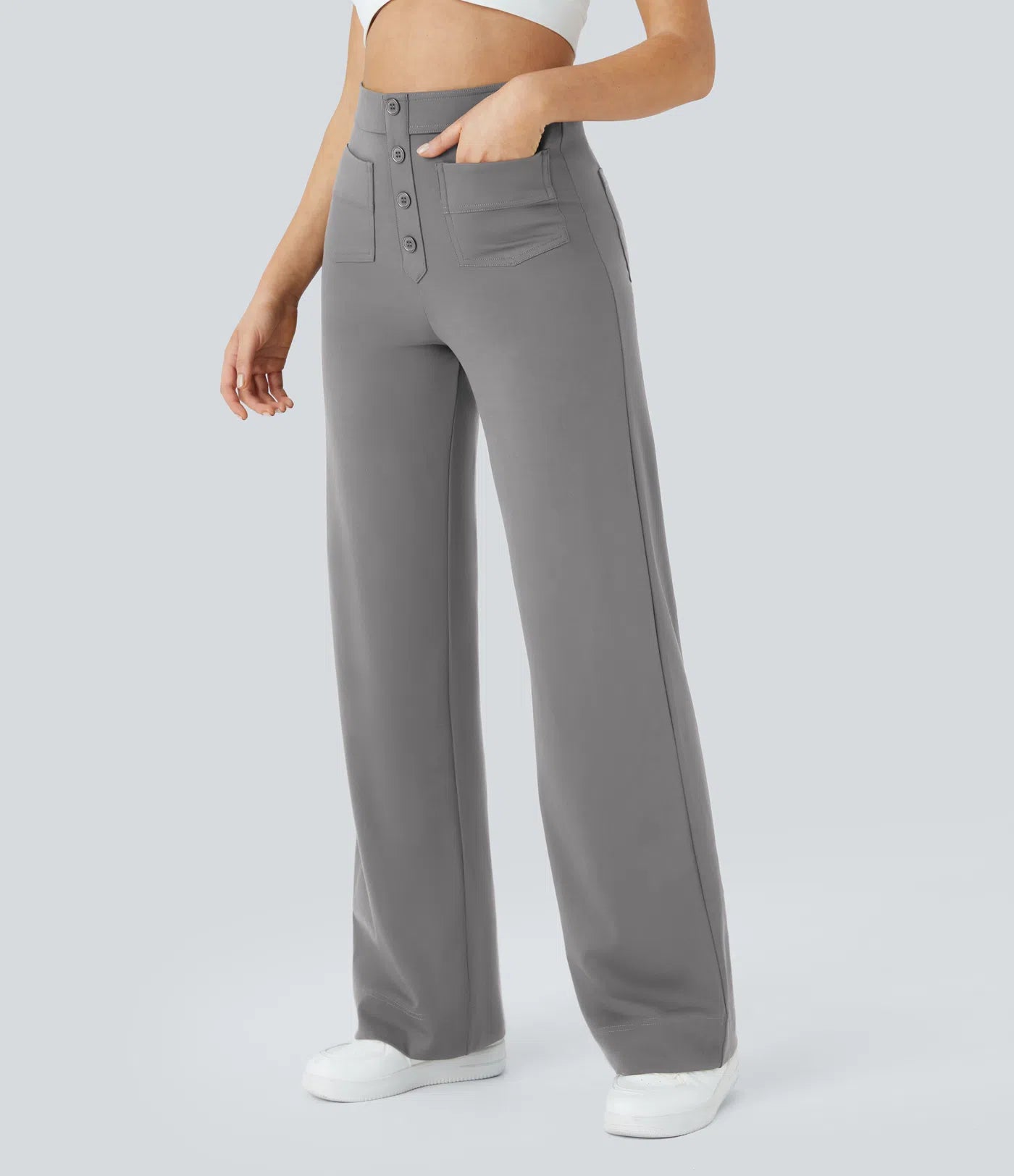 High Waisted Button Multiple Pockets Straight Leg Casual Pants - Gray