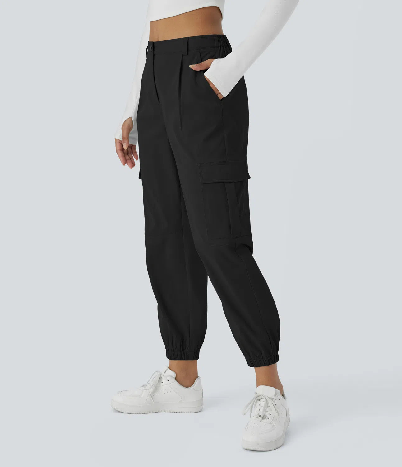 Mid Rise Button Zipper Multiple Pockets Casual Cargo Joggers - Black