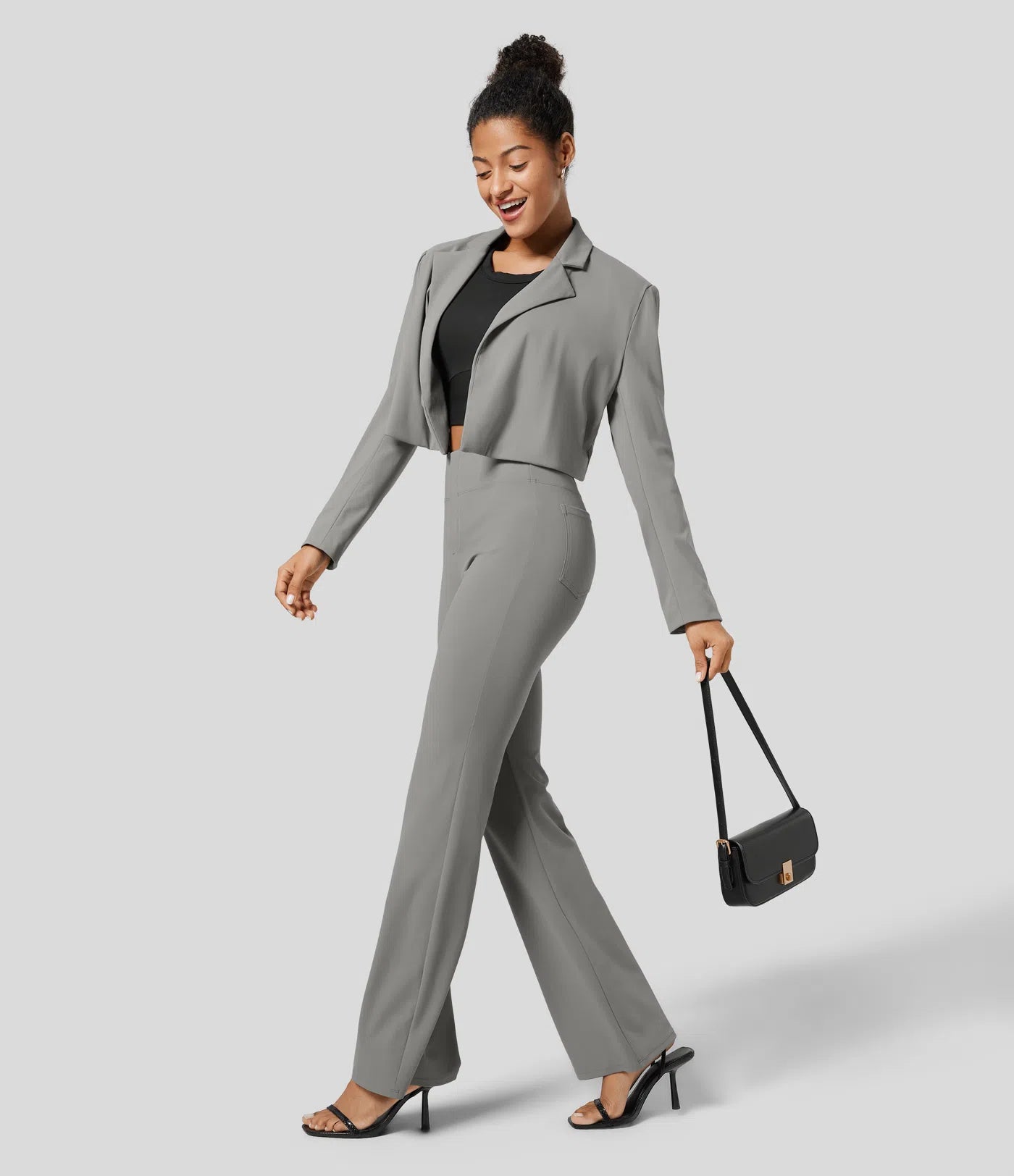 High Waisted Back Pocket Flare Work Pants - Gray