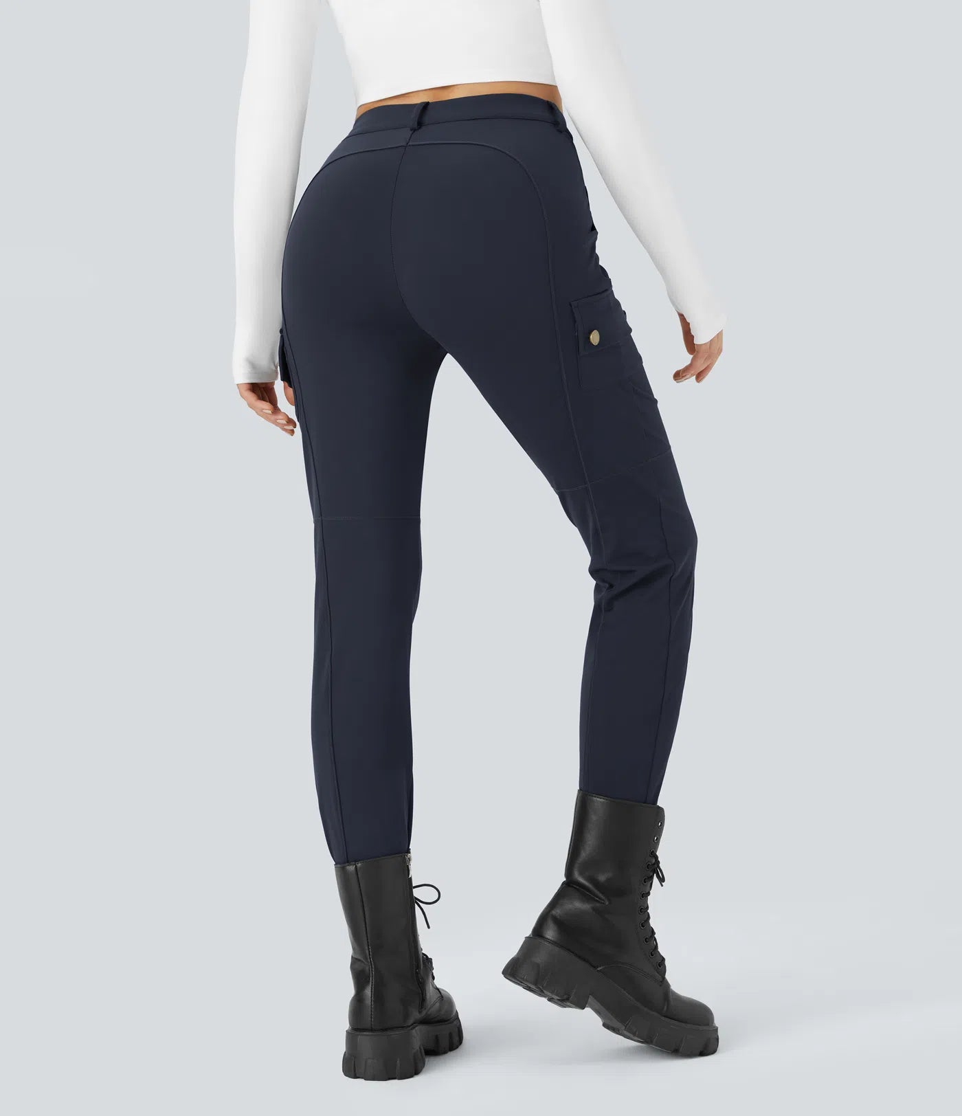 High Waisted Button Zipper Multiple Pockets Solid Skinny Cargo Pants - Navy