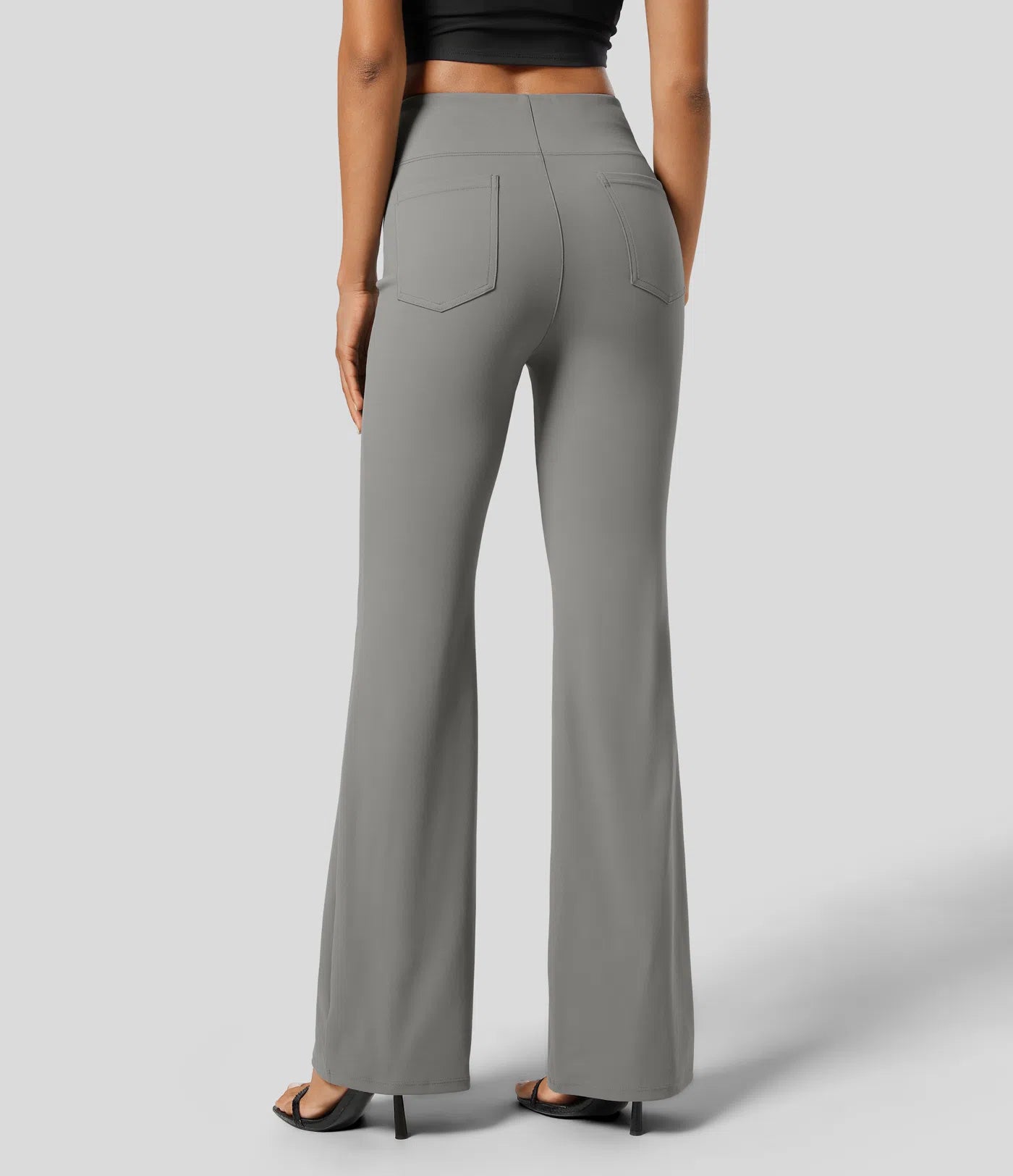 High Waisted Back Pocket Flare Work Pants - Gray