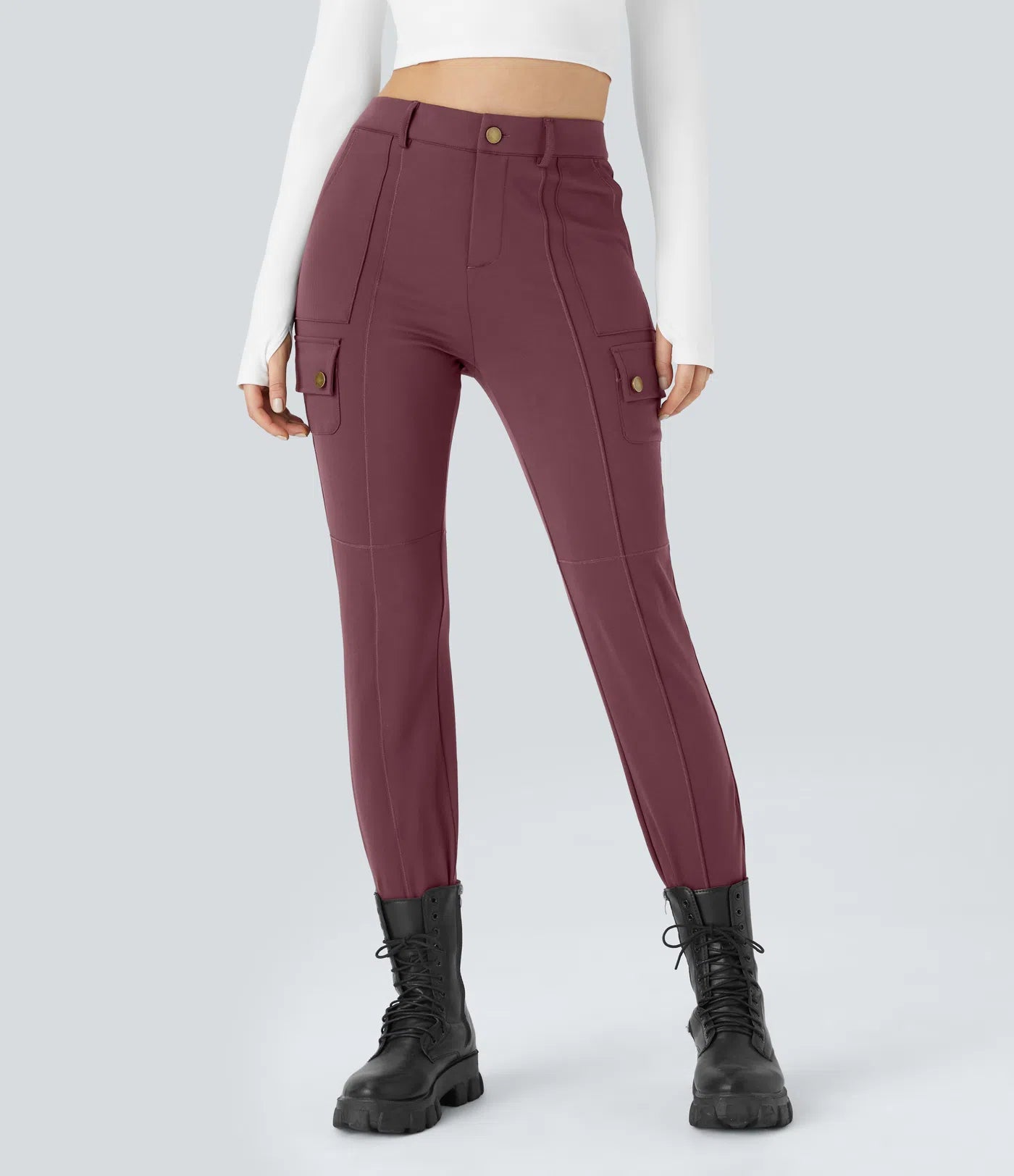 High Waisted Button Zipper Multiple Pockets Solid Skinny Cargo Pants - Wine