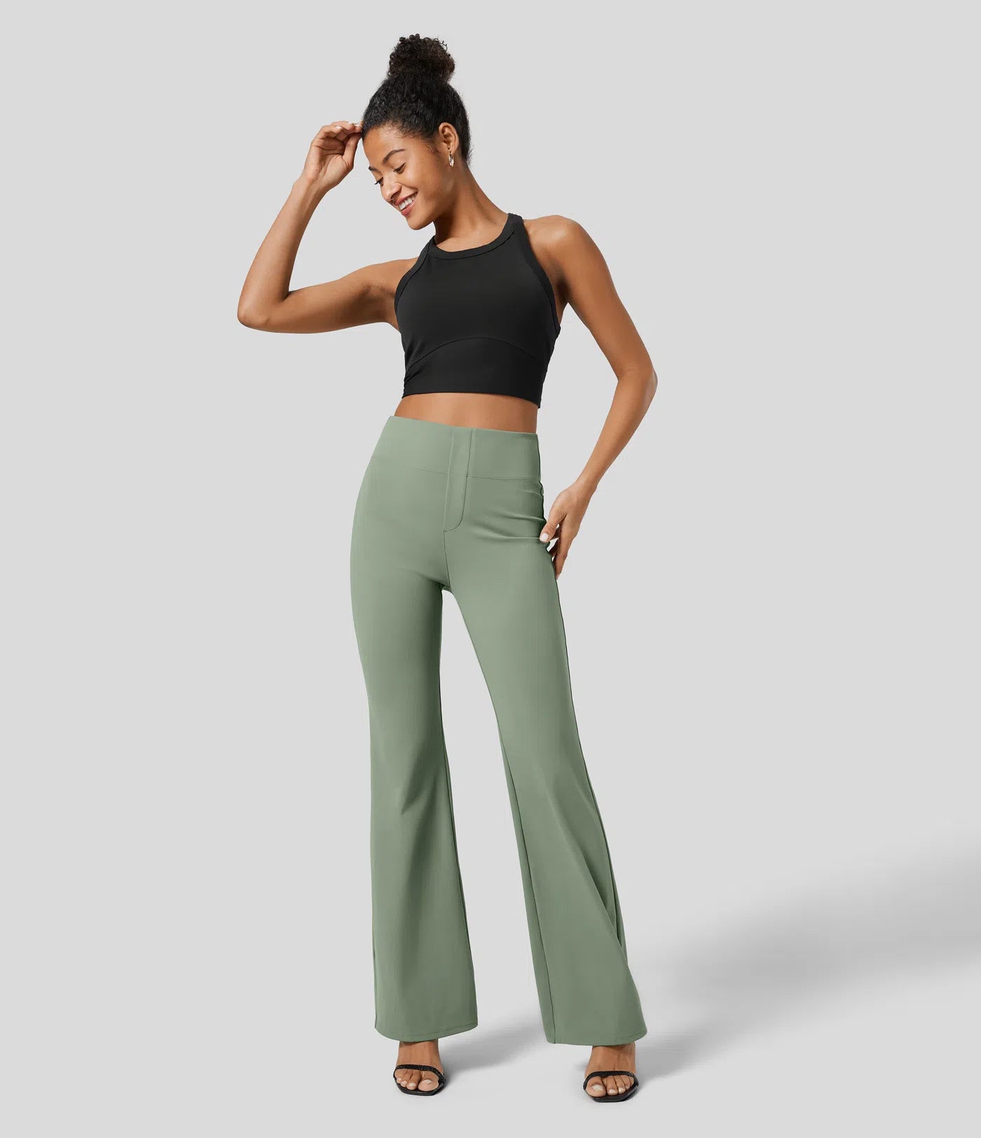 High Waisted Back  Pocket Flare Work Pants - Pista