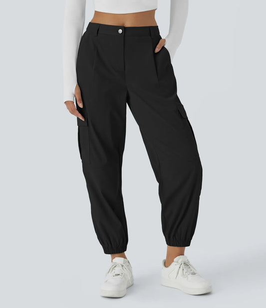 Mid Rise Button Zipper Multiple Pockets Casual Cargo Joggers - Black