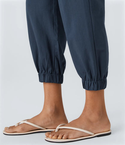 Mid Rise Button Zipper Women Casual Pants - Navy