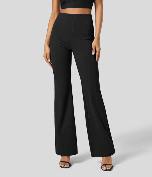 High Waisted Back  Pocket Flare Work Pants - Black