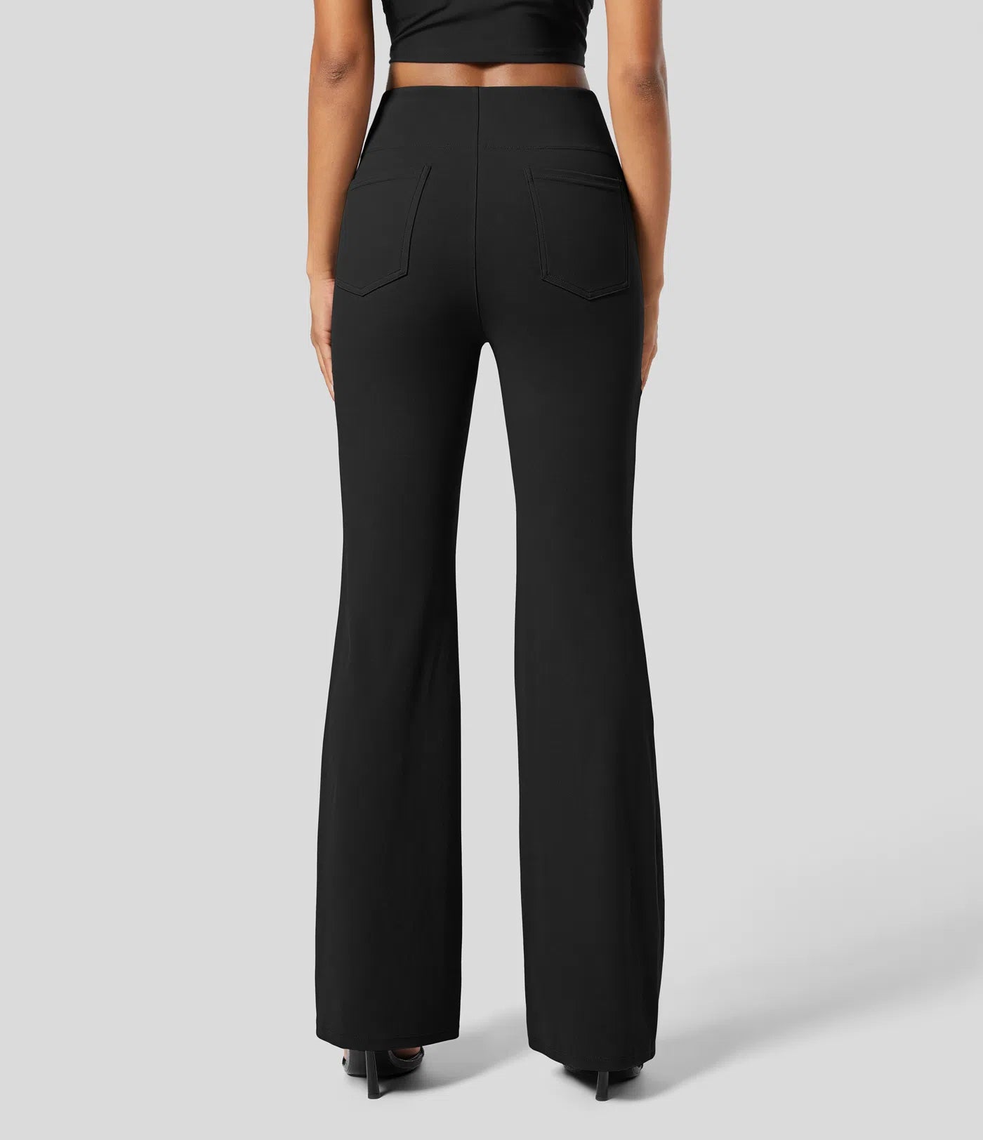 High Waisted Back  Pocket Flare Work Pants - Black