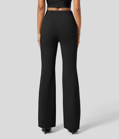 High Waisted Back  Pocket Flare Work Pants - Black