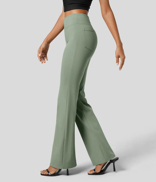 High Waisted Back  Pocket Flare Work Pants - Pista