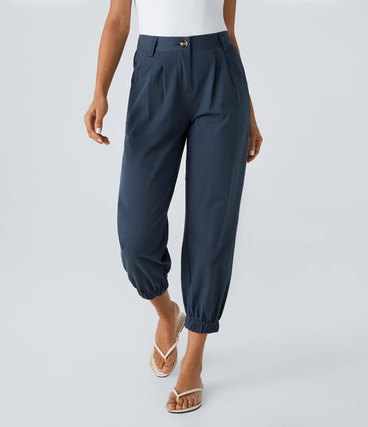 Mid Rise Button Zipper Women Casual Pants - Navy