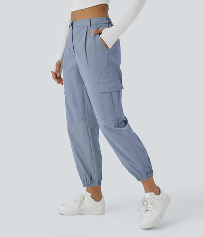 Mid Rise Button Zipper Multiple Pockets Casual Cargo Joggers - Gray